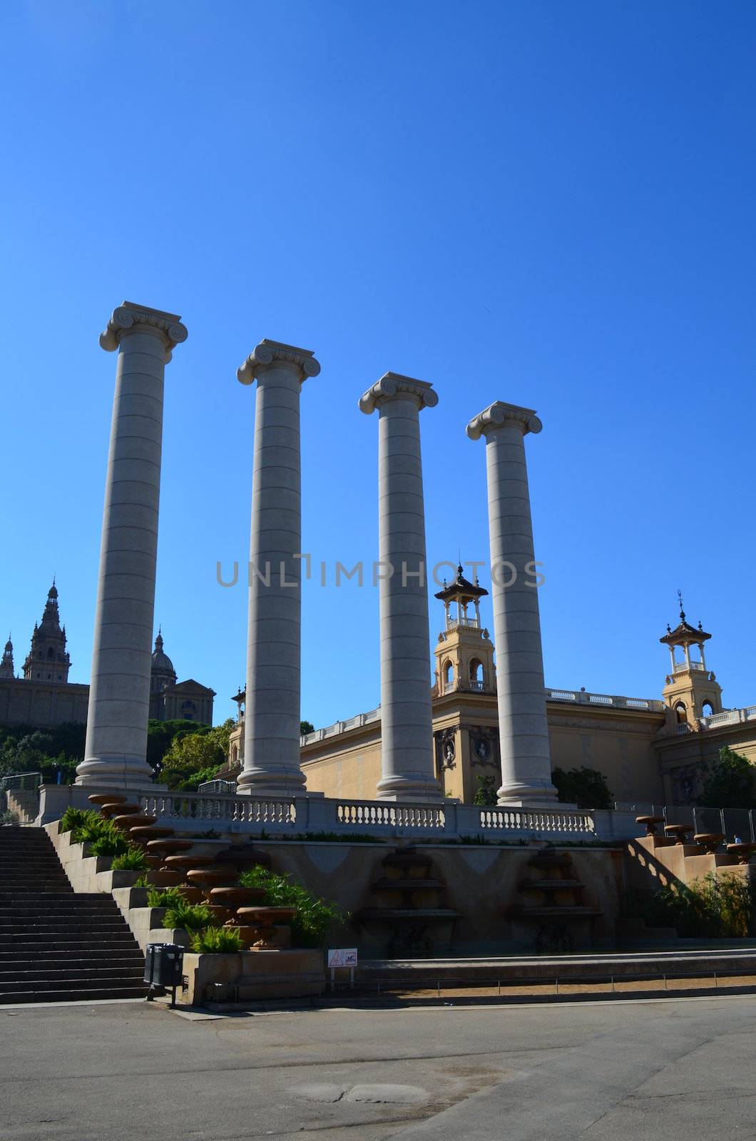 Four large pillars in front of the National Art Museum,Spain.
