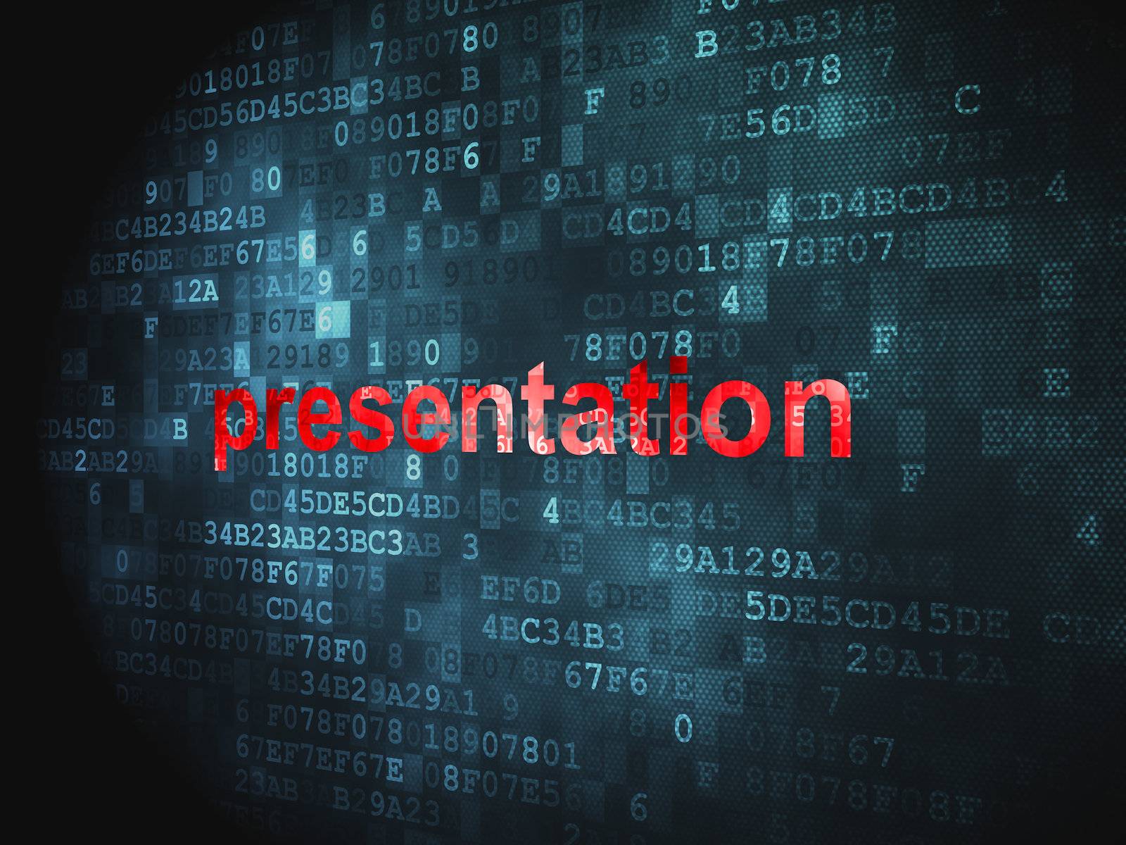 Marketing concept: pixelated words Presentation on digital background, 3d render