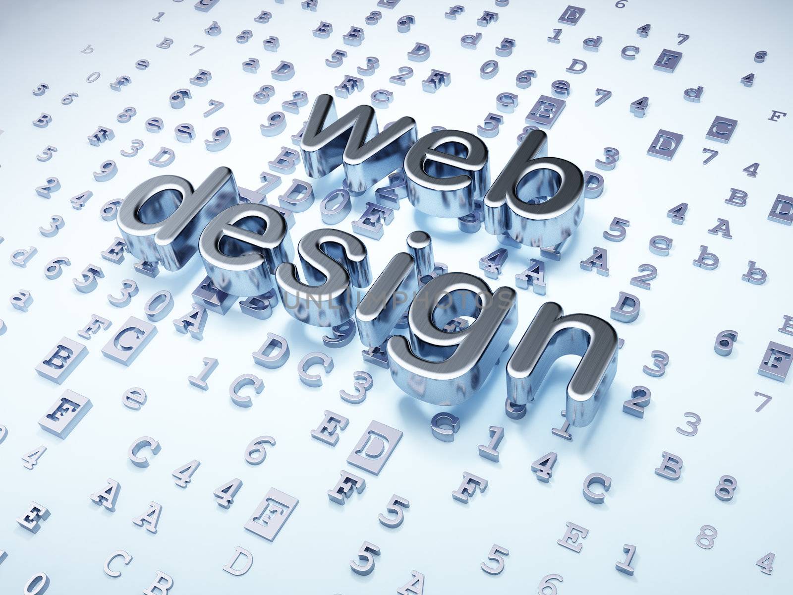 SEO web design concept: Silver Web Design on digital background, 3d render