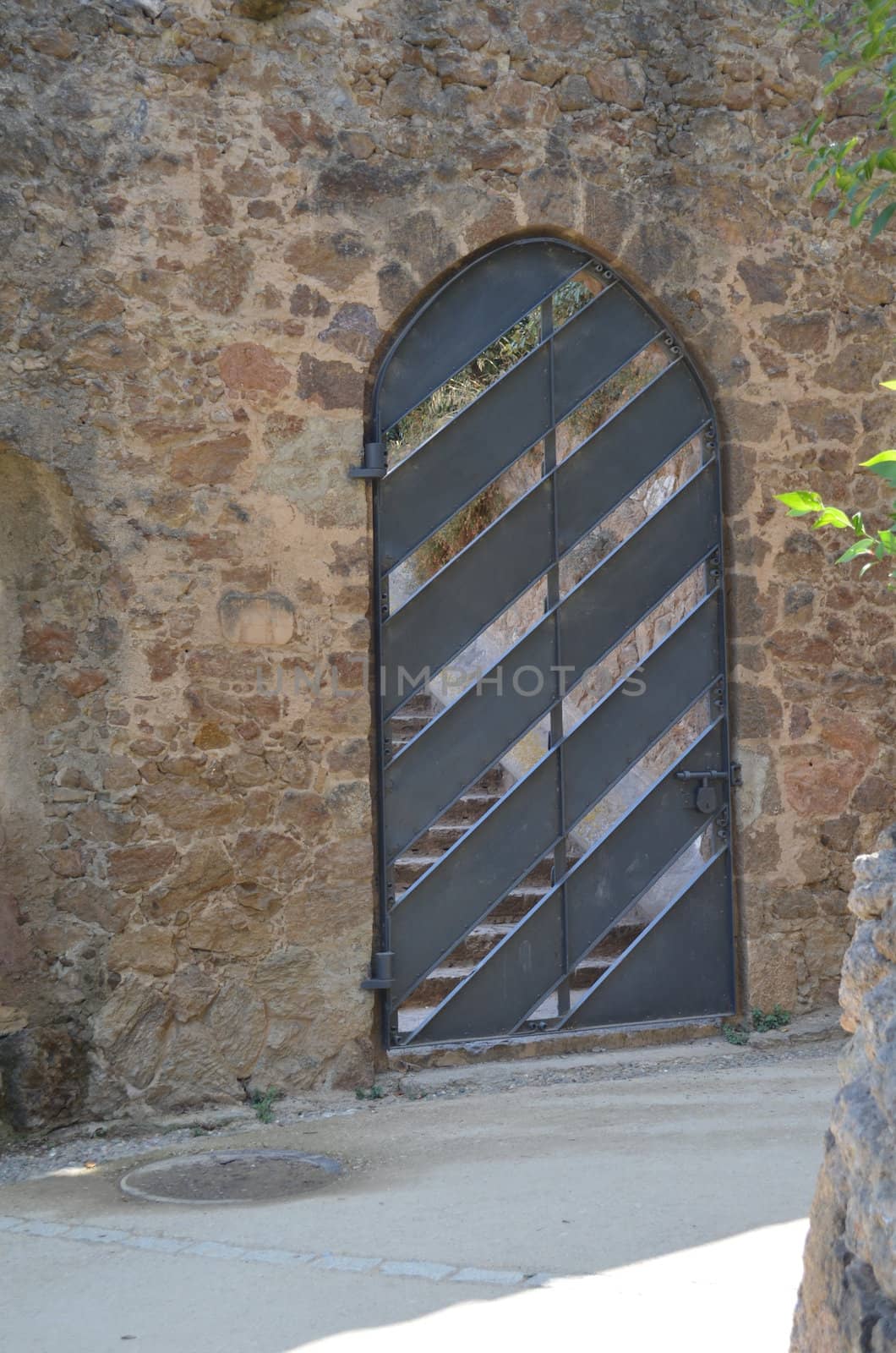 Wooden slated arched door in a exterior setting.