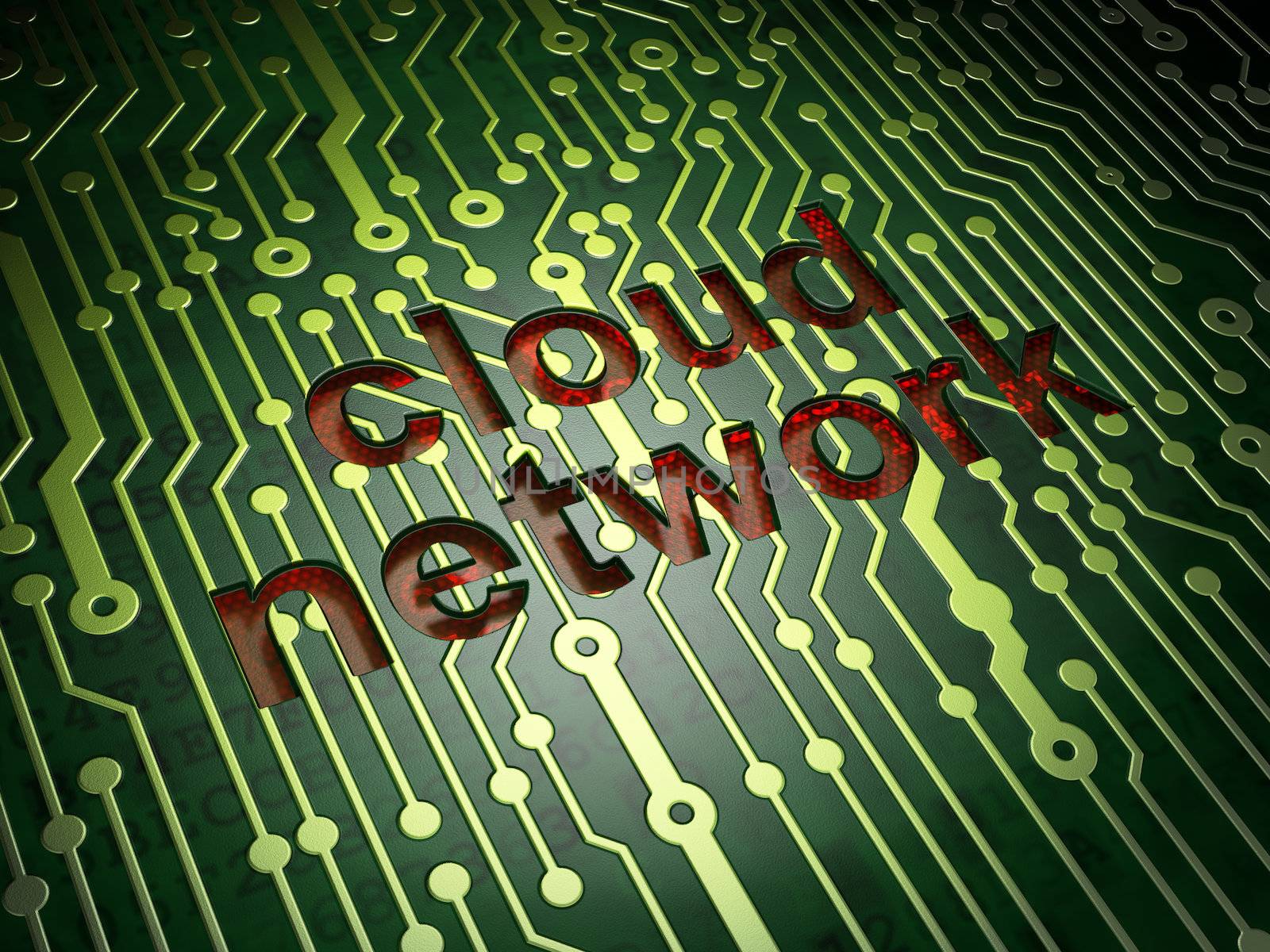 Cloud computing technology, networking concept: circuit board with word Cloud Network, 3d render