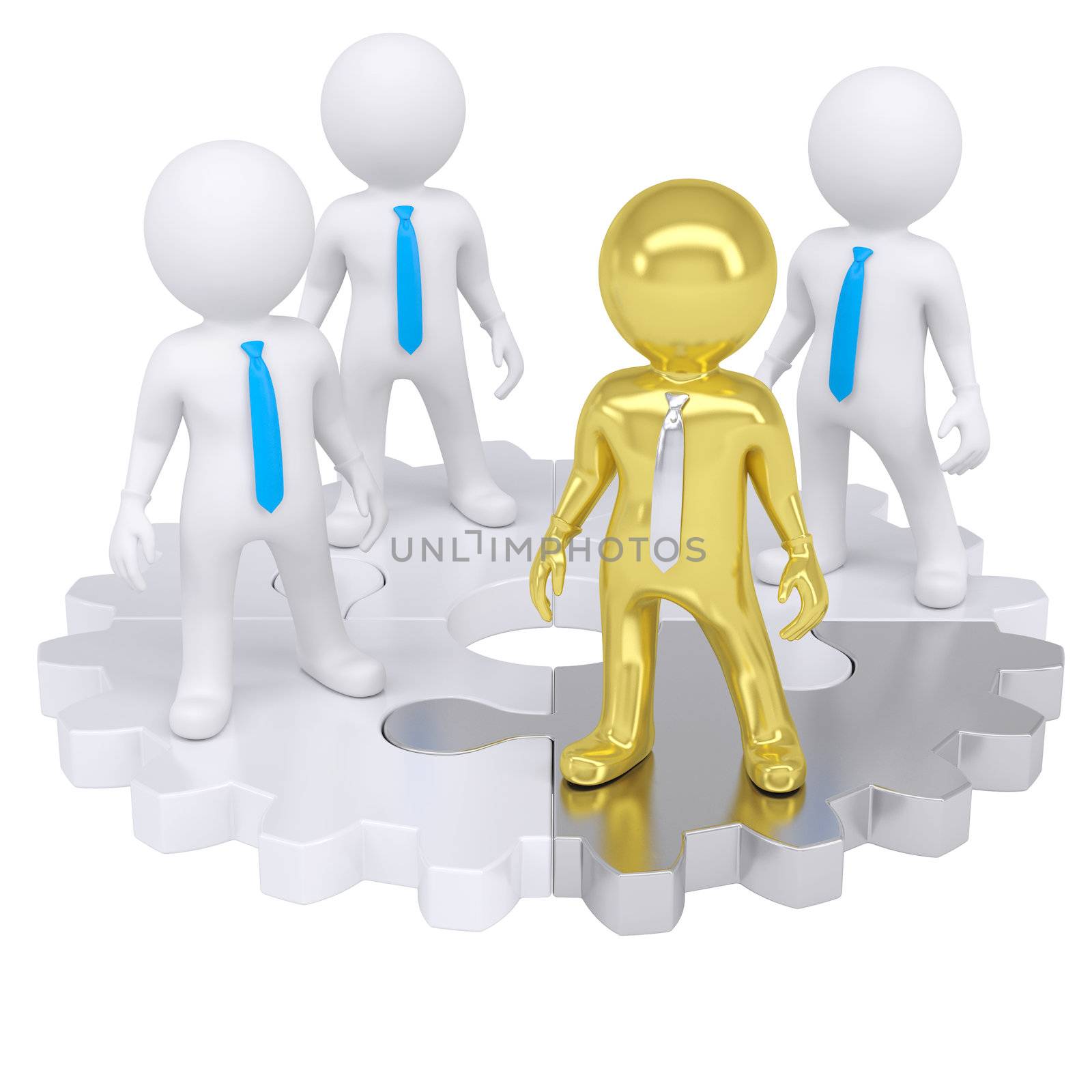 Four 3d people standing on the gear consisting of puzzles. Isolated render on a white background