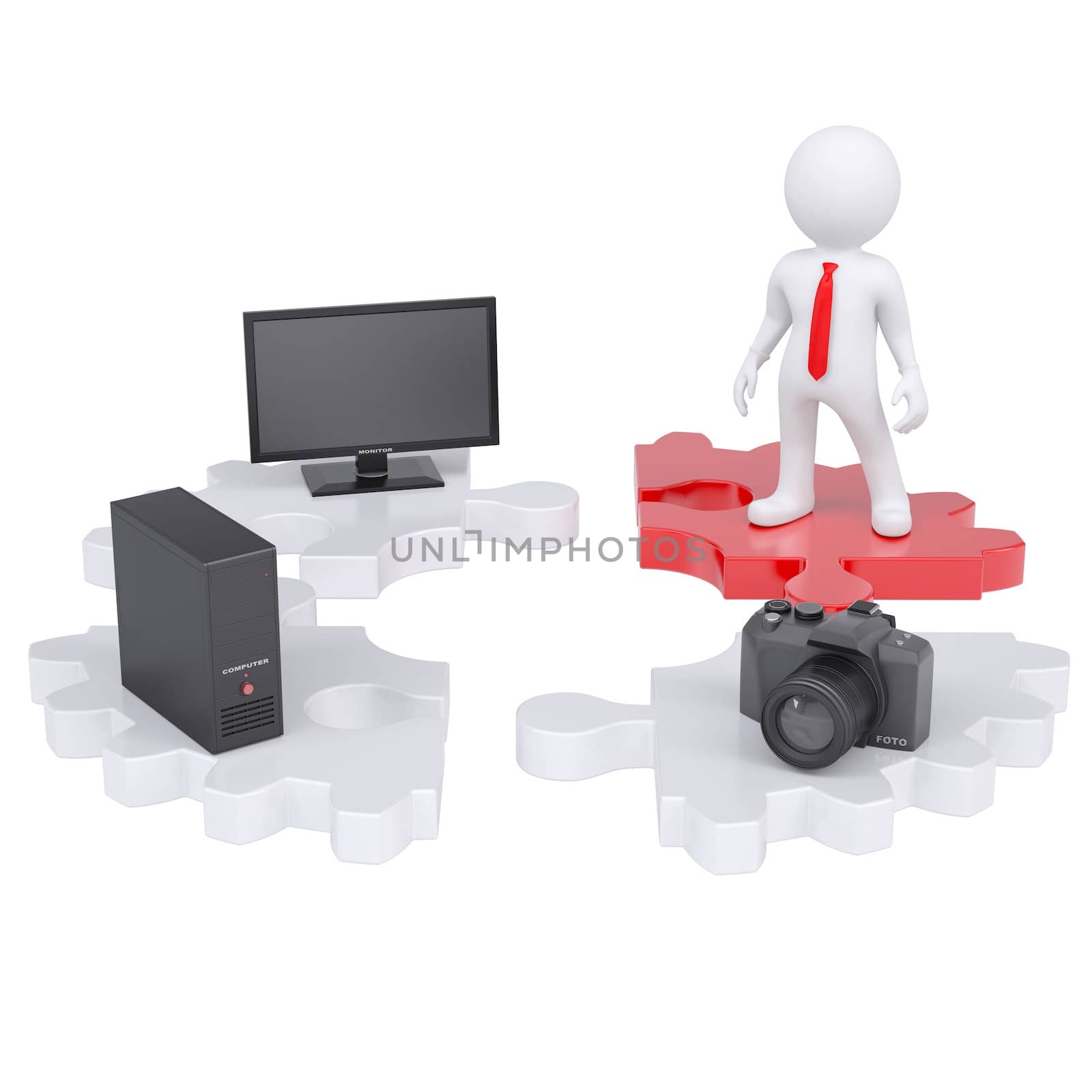 3d white man and electronic devices. Isolated render on a white background