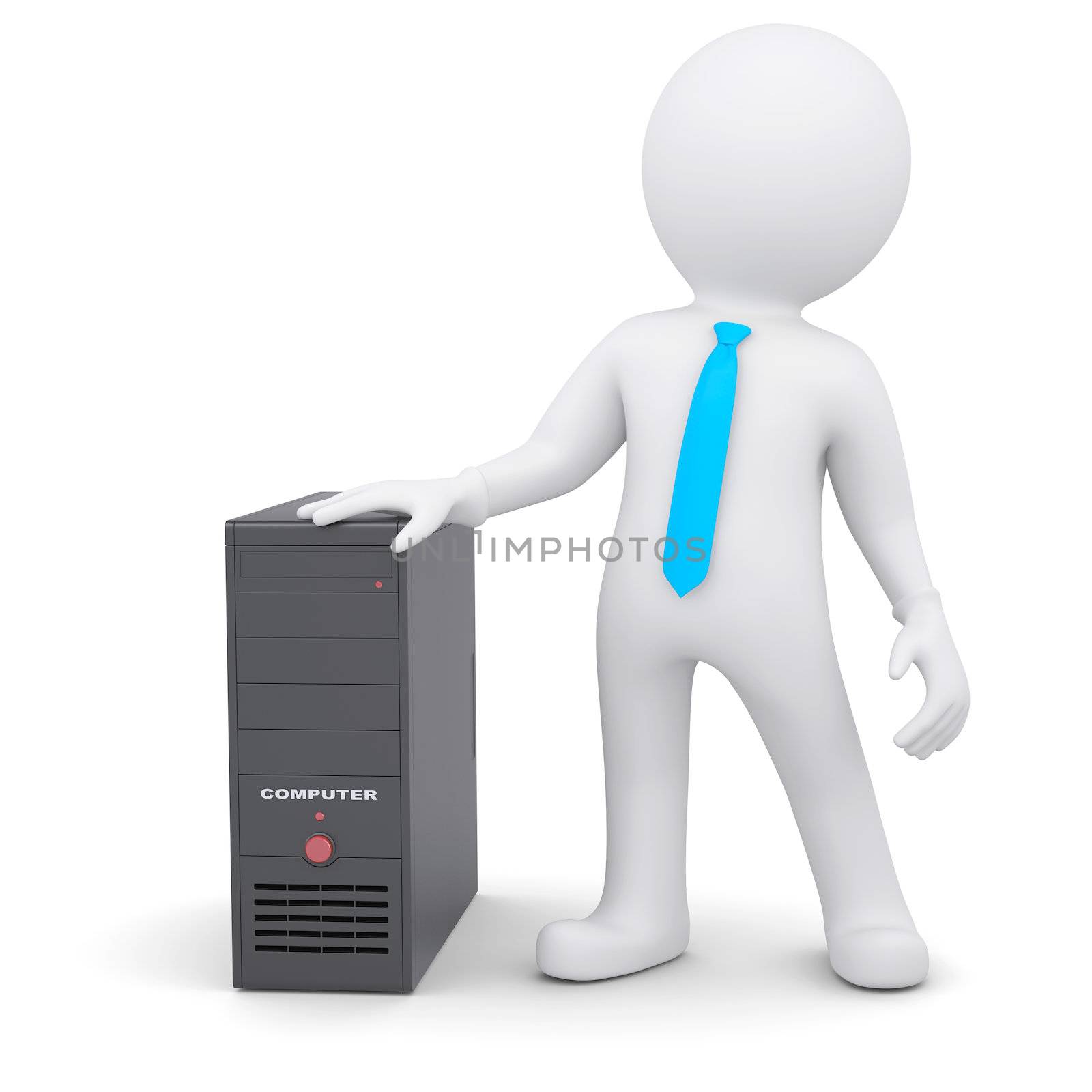 3d white person and a computer system unit. Isolated render on a white background