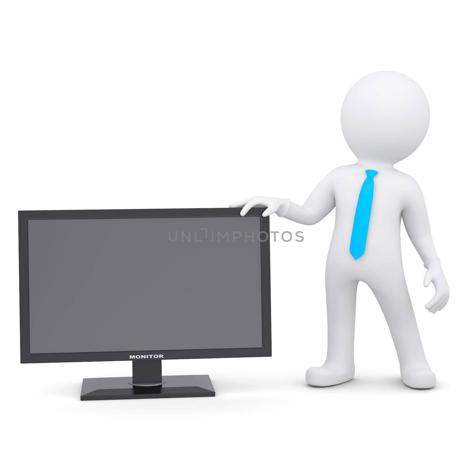 3d white man and the monitor. Isolated render on a white background