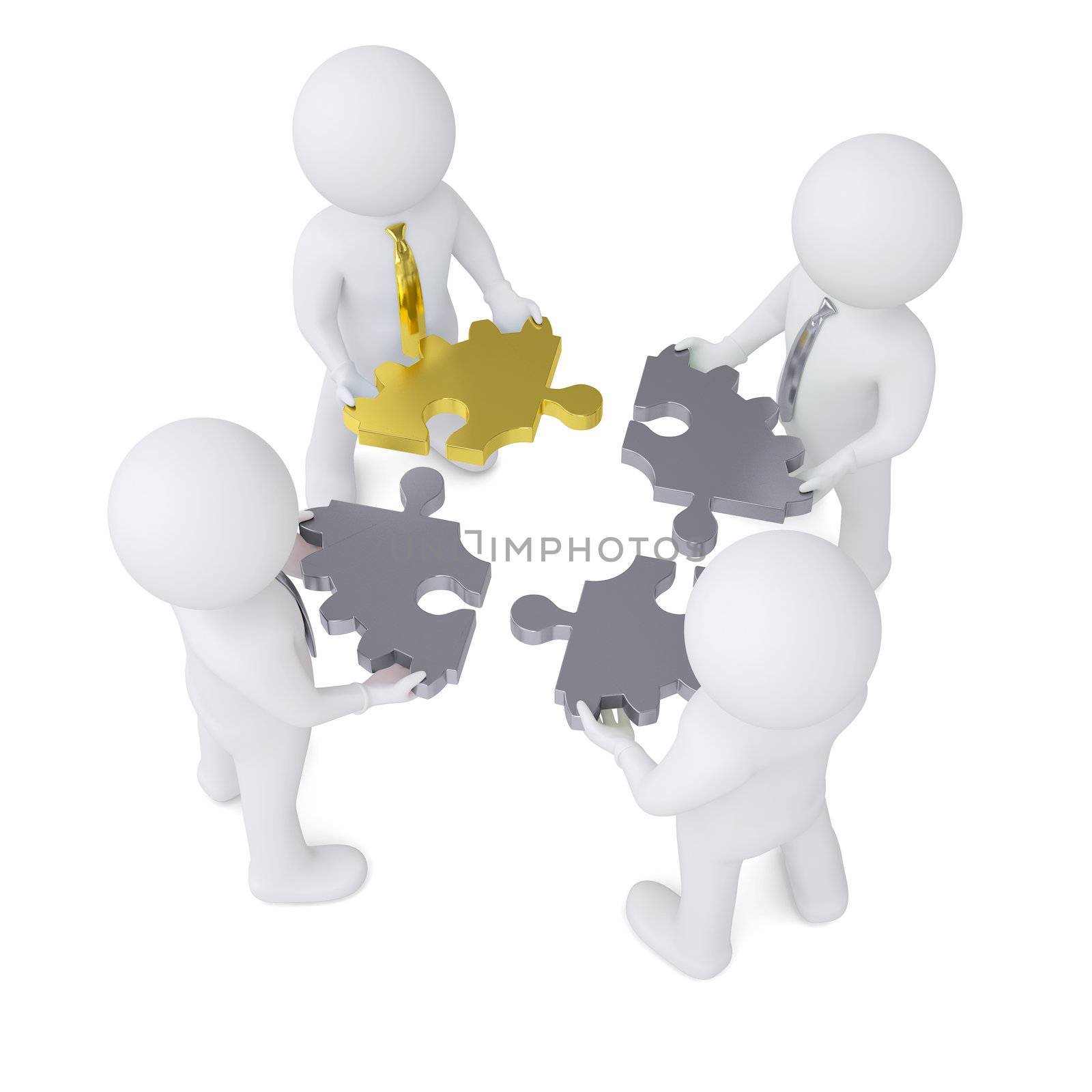Four 3d man holding gear consisting of puzzles. Isolated render on a white background