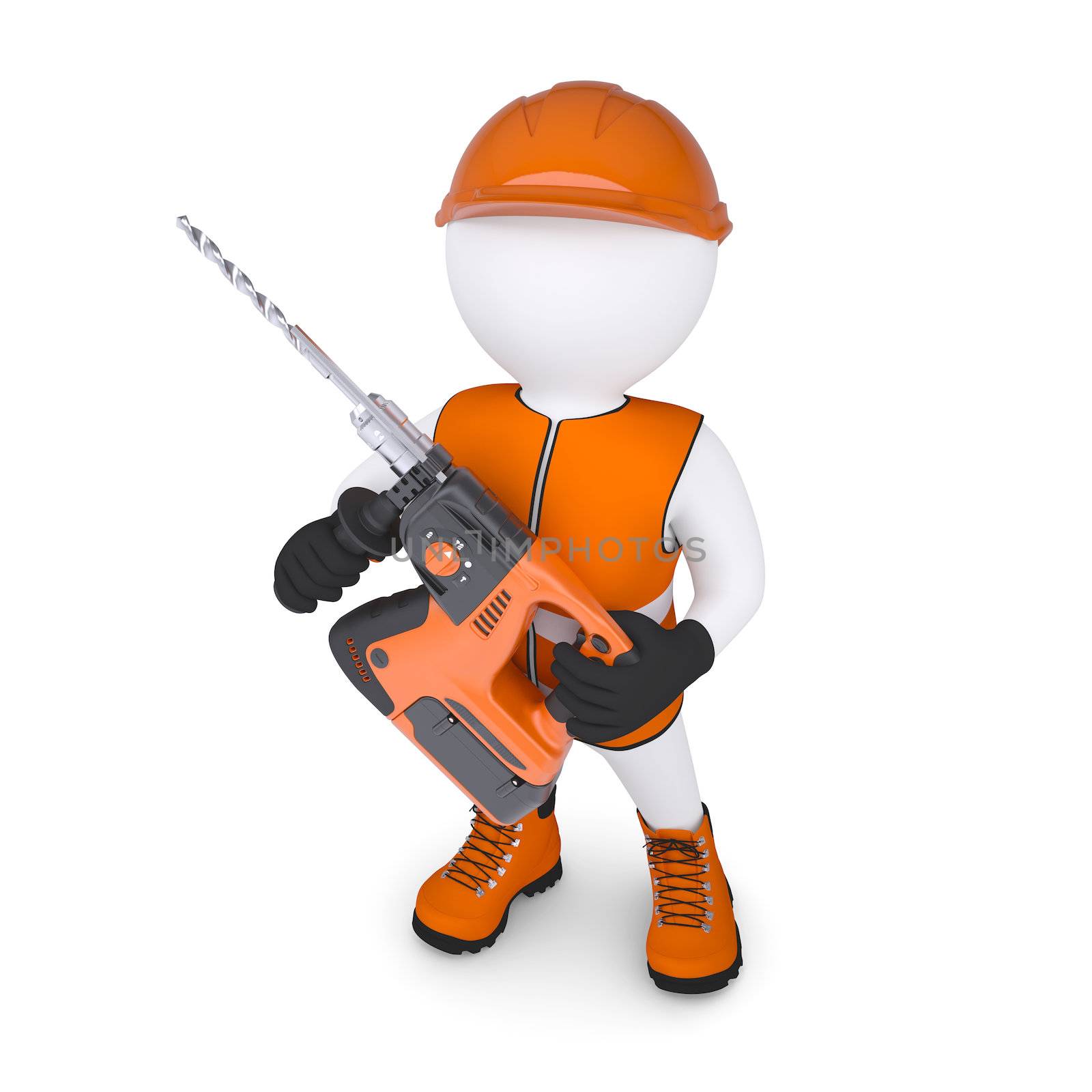 3d white man holding electric perforator. Isolated render on a white background
