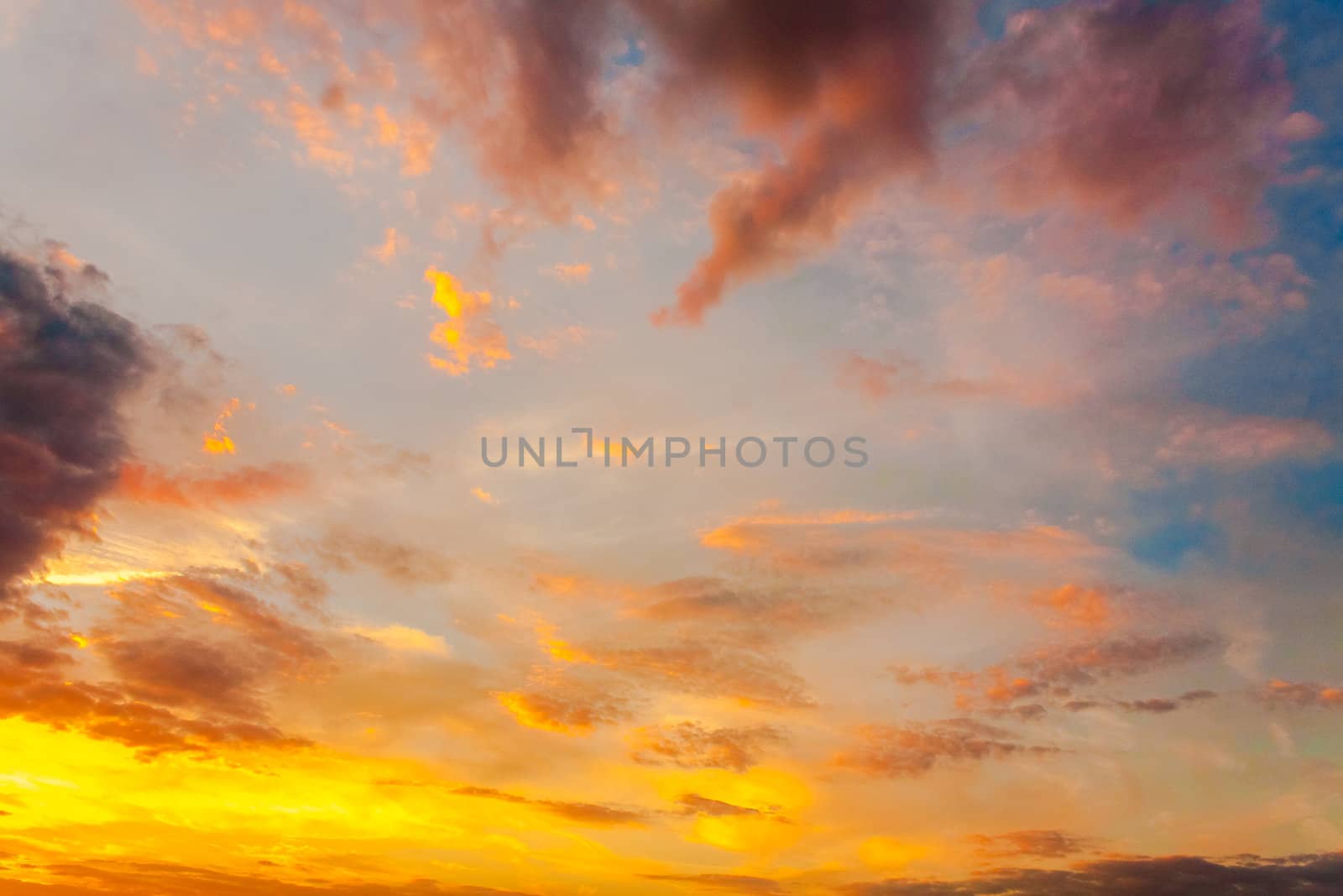 Bright Blue, Orange And Yellow Colors Sunset Sky