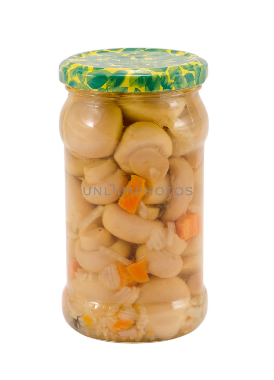 marinated champignon mushrooms glass jar isolated by sauletas