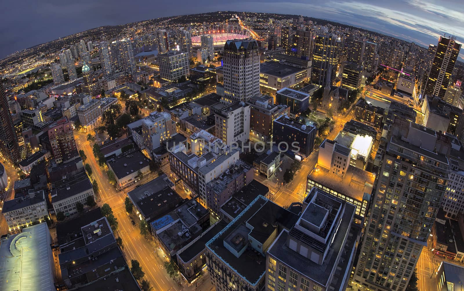Vancouver BC Canada Downtown at Blue Hour Fisheye View