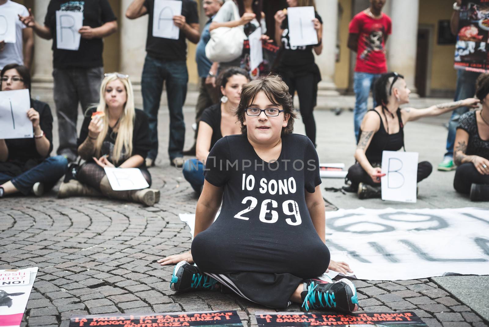 MILAN, ITALY - SEPTEMBER 26: 269 Life  manifestation on September 26, 2013. Animal right association '269 Life' protest against vivisection, animals right, meat nutrition and production