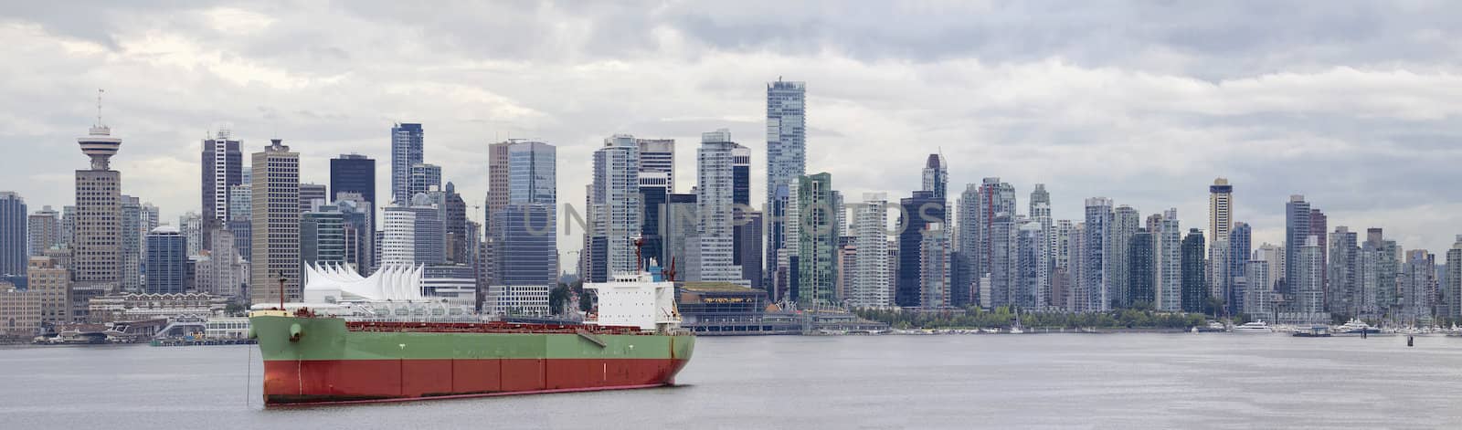 Vancouver BC Canada City Skyline Alone False Creek with Container Ship Panorama