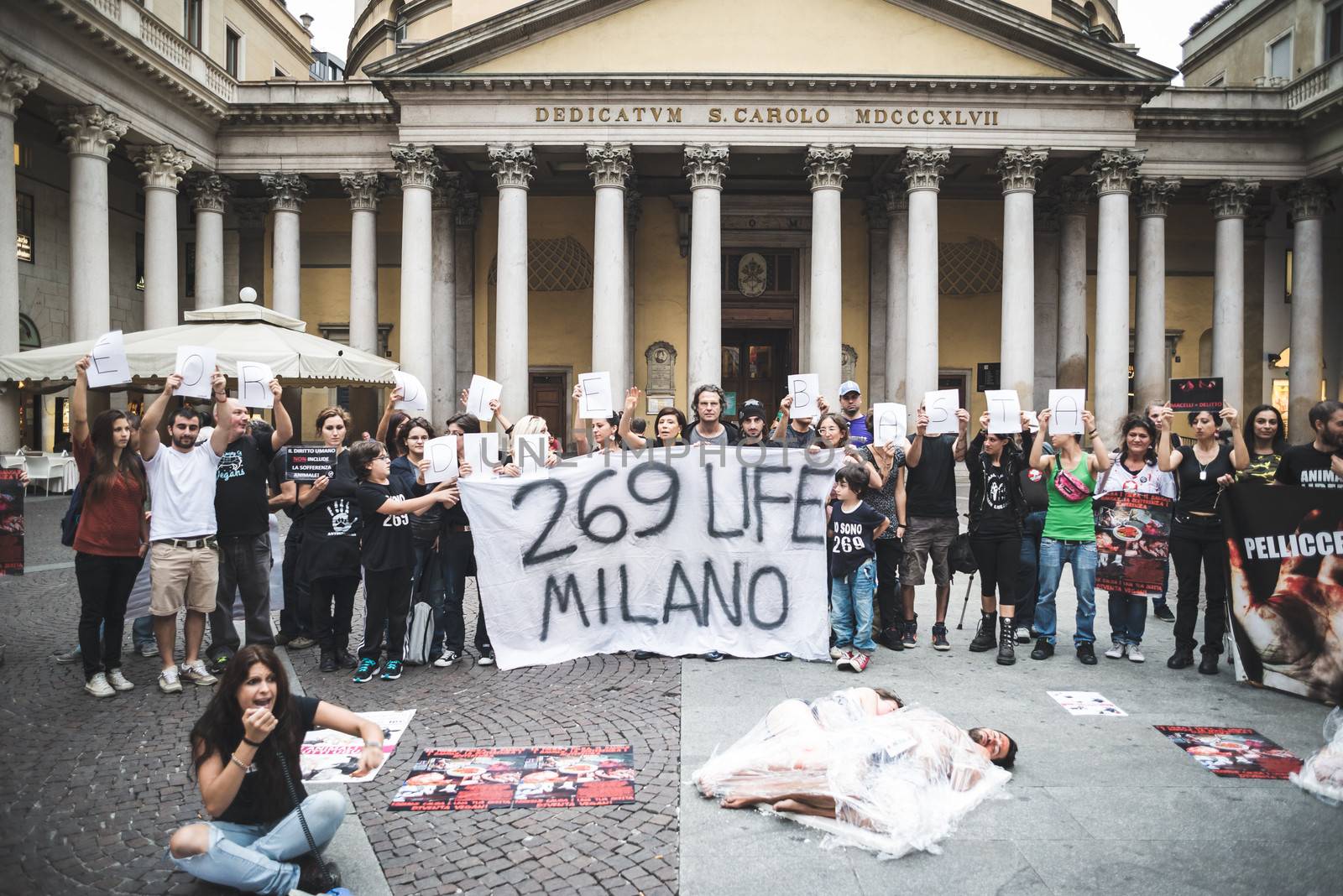 MILAN, ITALY - SEPTEMBER 26: 269 Life  manifestation on September 26, 2013. Animal right association '269 Life' protest against vivisection, animals right, meat nutrition and production