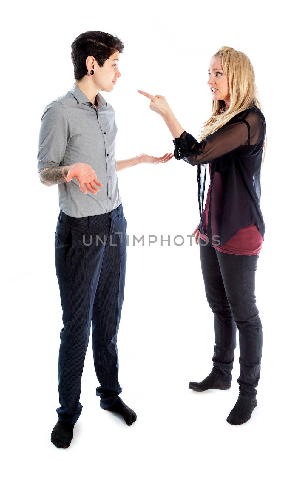 Cute Lesbian couple 30 years old shot in studio isolated on a white background