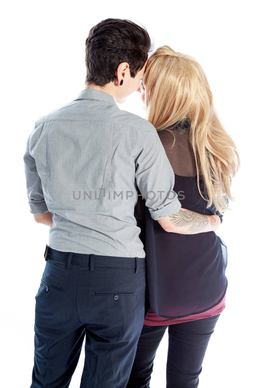 Cute Lesbian couple 30 years old shot in studio isolated on a white background