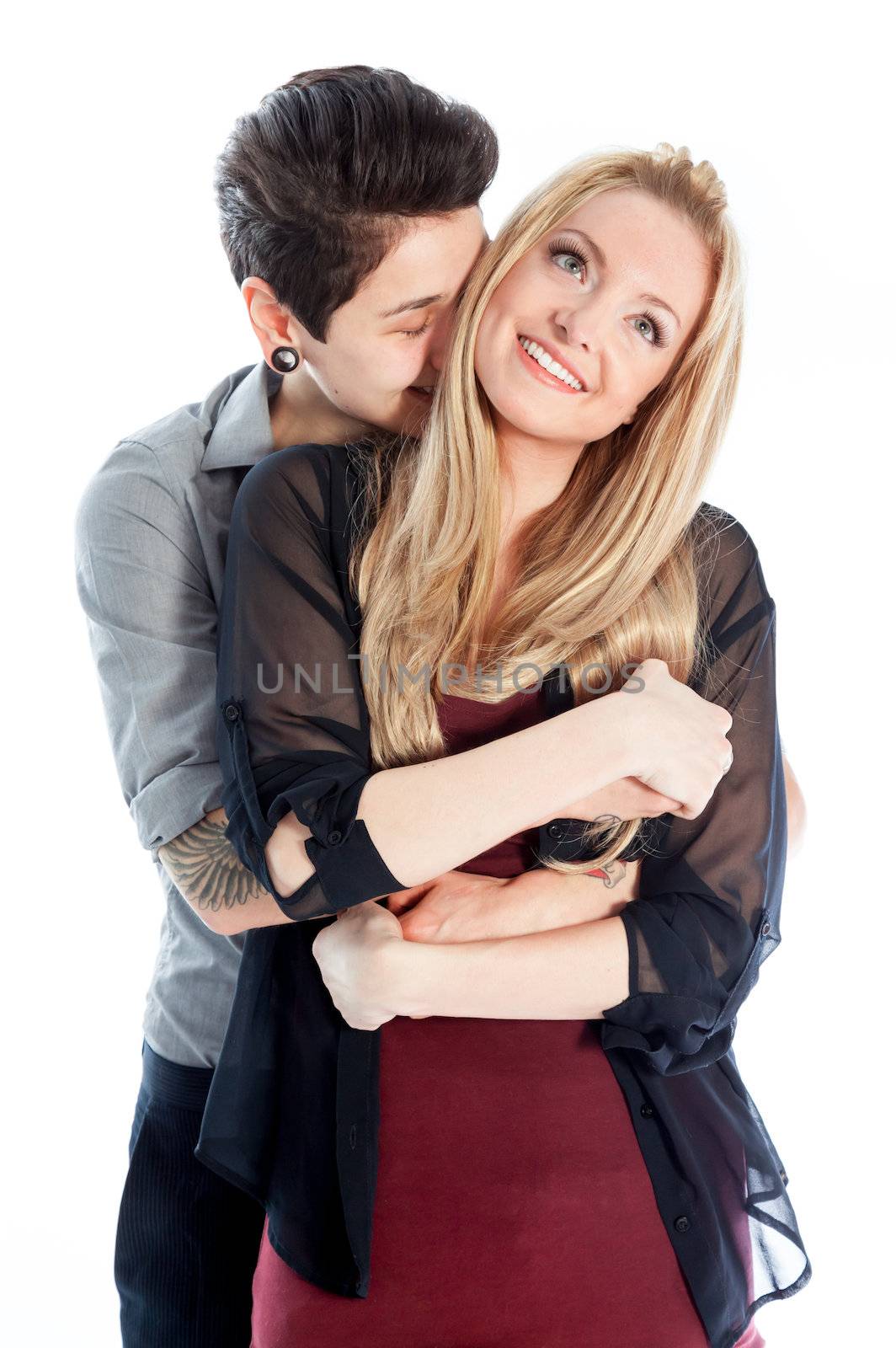 Cute Lesbian couple 30 years old shot in studio isolated on a white background