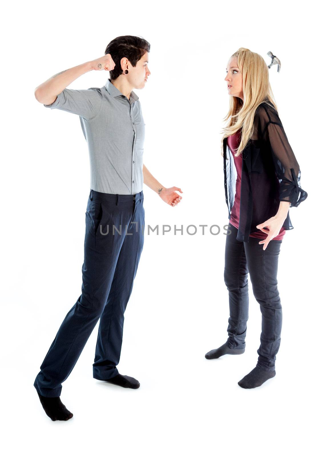 Cute Lesbian couple 30 years old shot in studio isolated on a white background