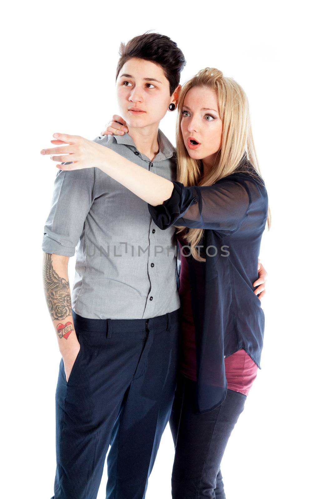 Cute Lesbian couple 30 years old shot in studio isolated on a white background