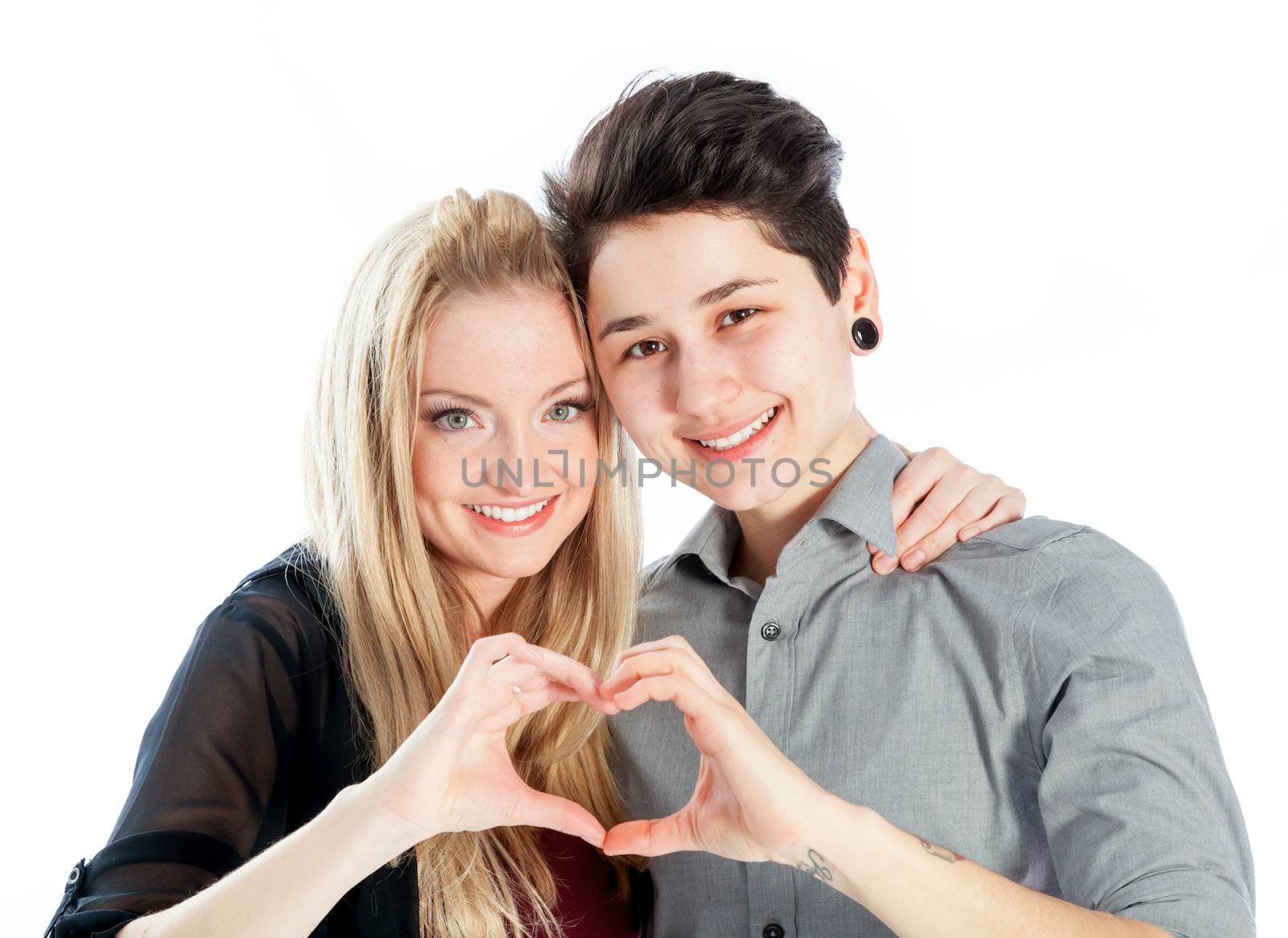 Cute Lesbian couple 30 years old shot in studio isolated on a white background