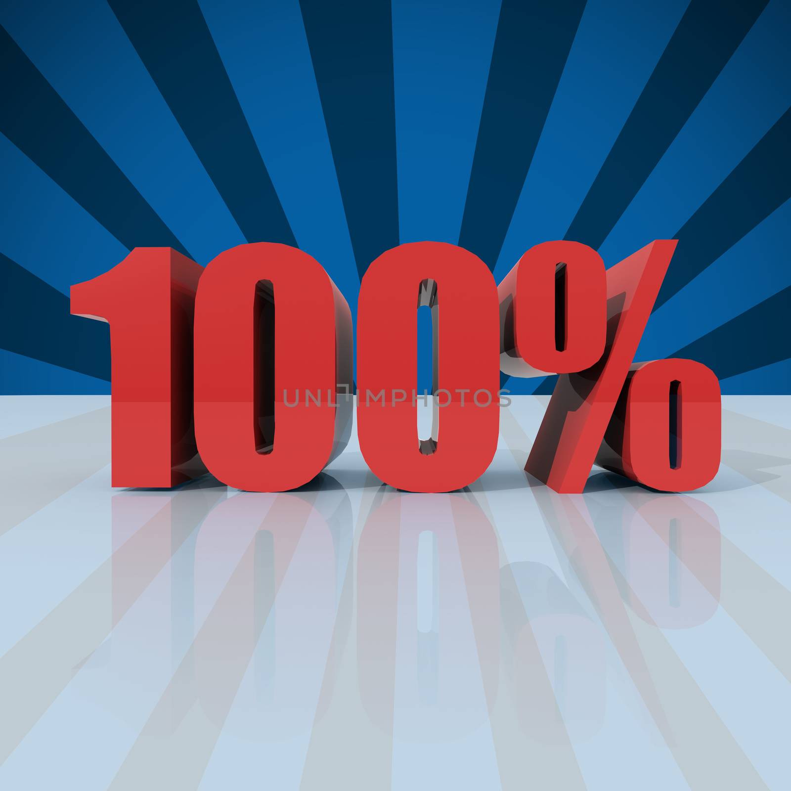 3D rendering of a 100 percent in red letters on a blue background 