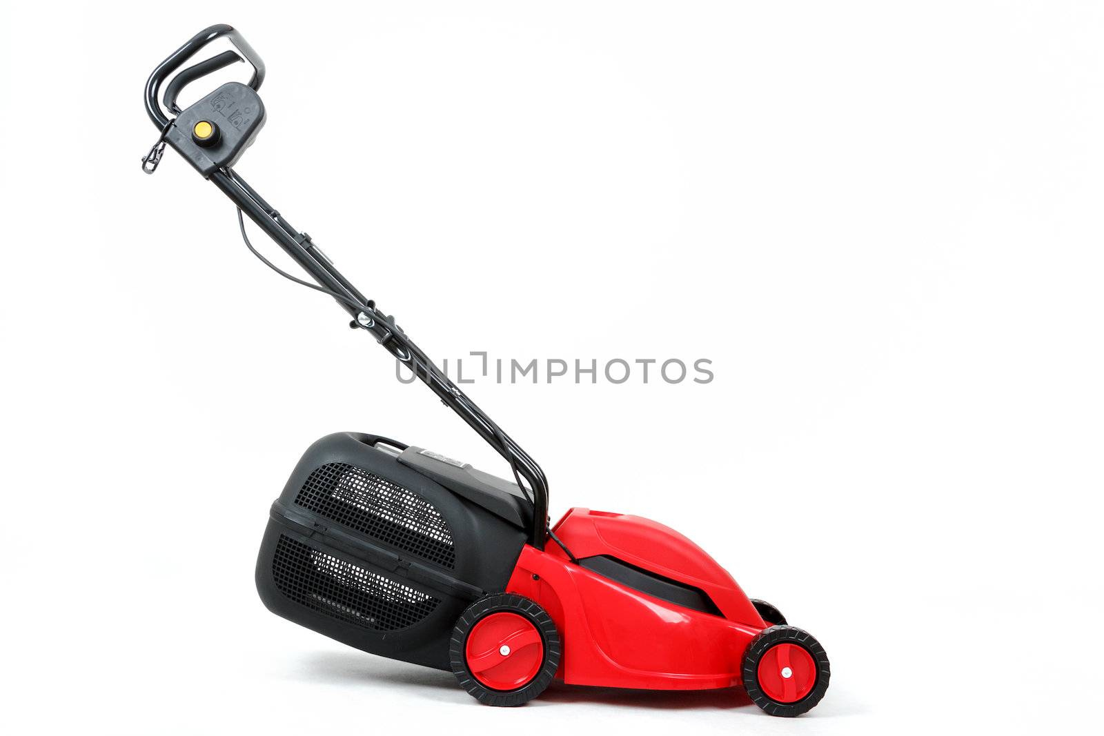 new red lawnmower isolated on white, studio shoot