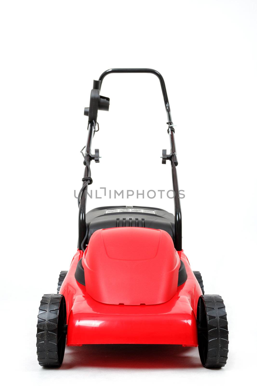 new red lawnmower isolated on white, studio shoot