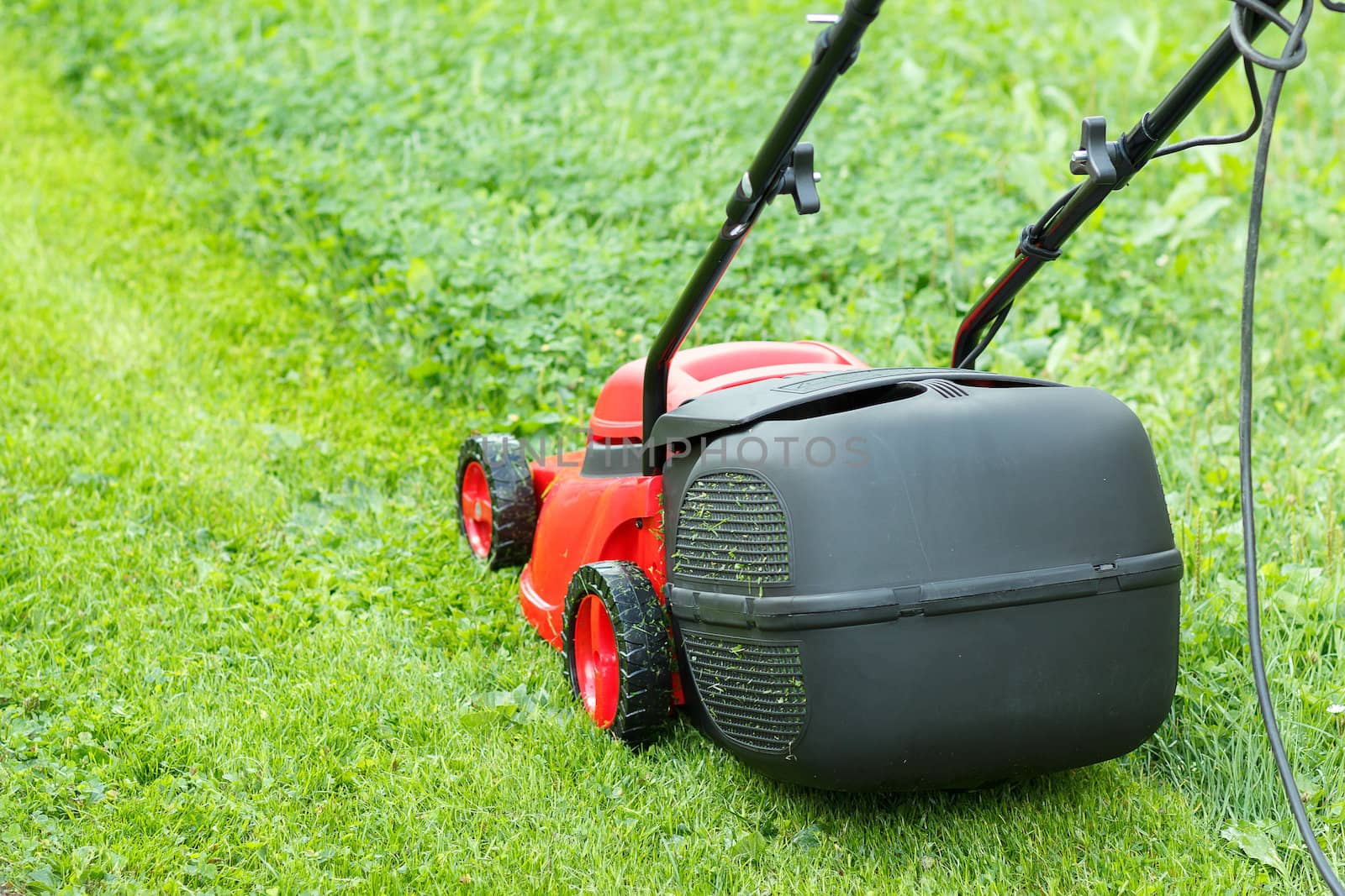  new lawnmower on green grass in cloudy day