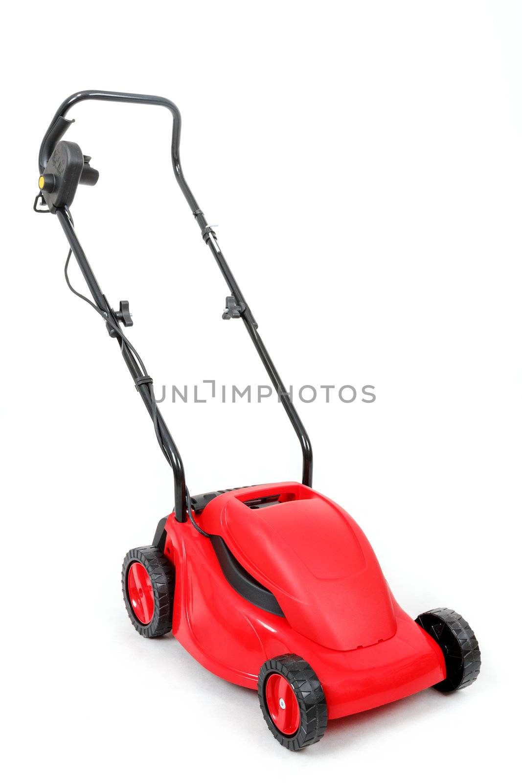 new red lawnmower isolated on white, studio shoot