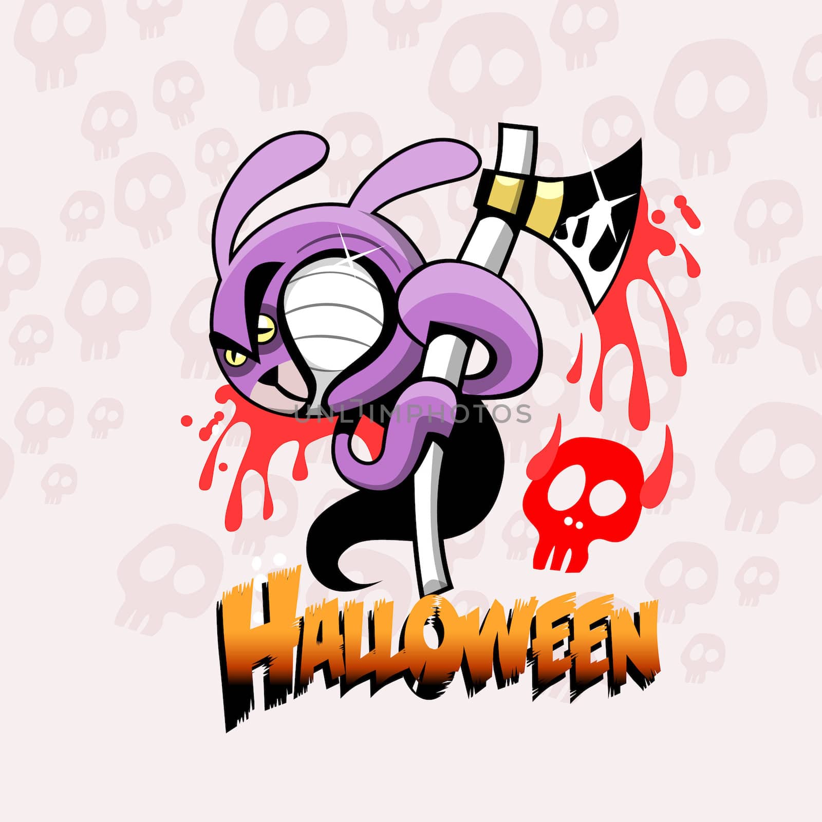 illustration with text halloween, rabbit with axe with blood and skulls