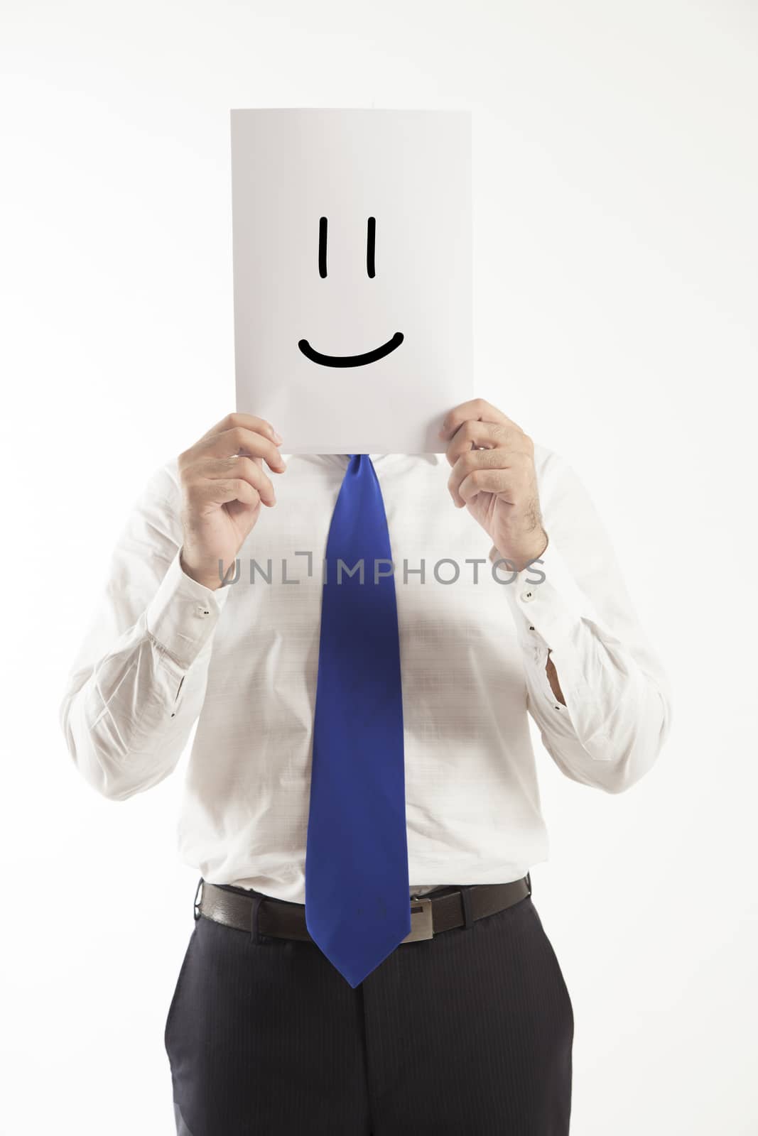 Business man holding paper smile
