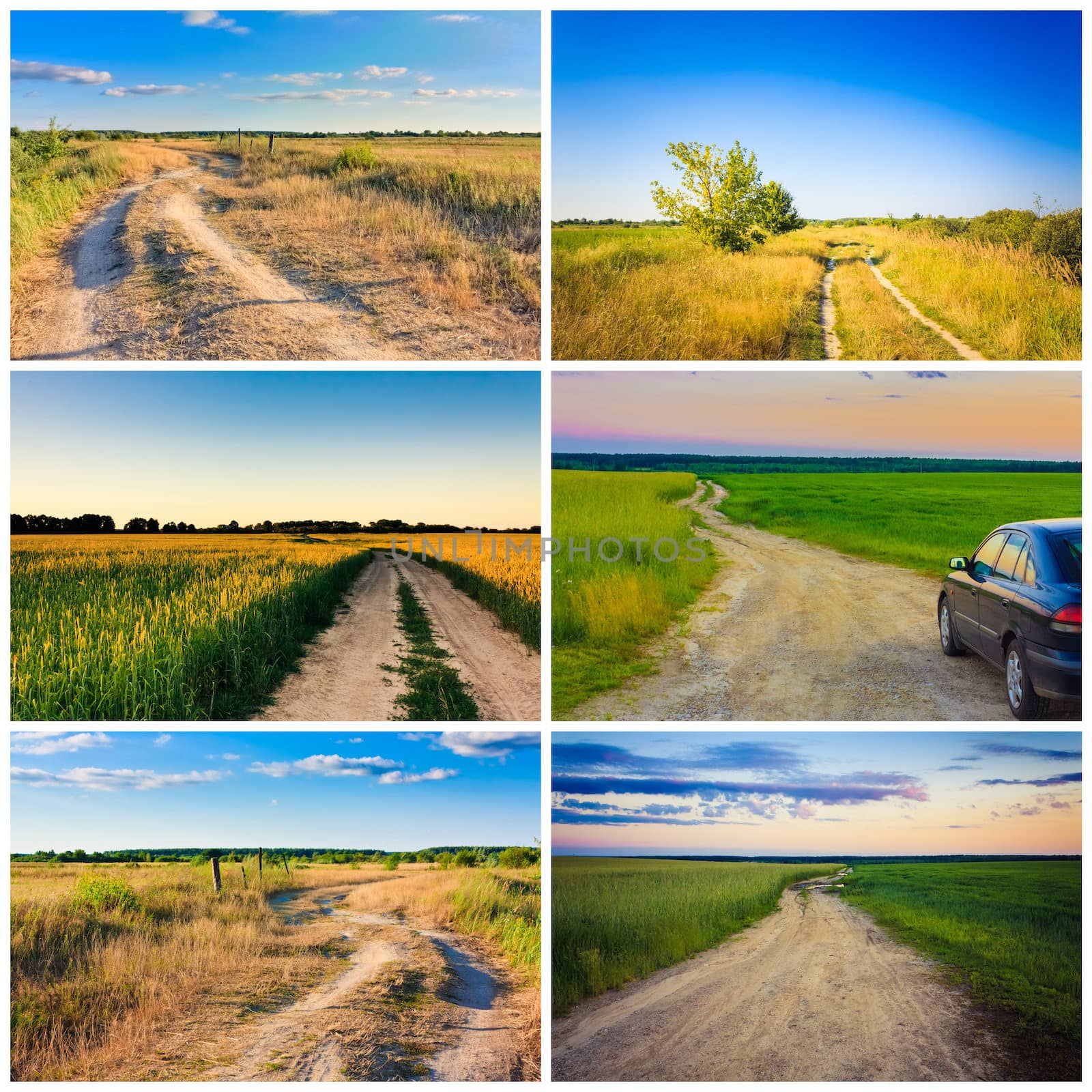 Dirty Dusty Rural Road In Countryside. Set, Collage