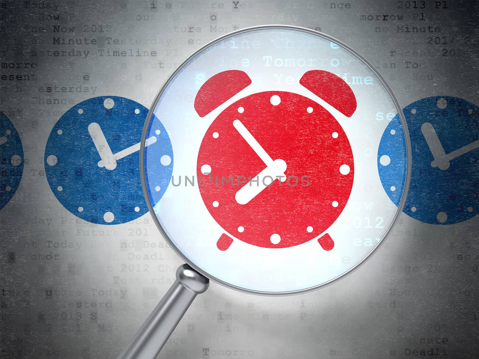 Time concept: magnifying optical glass with Alarm Clock icons on digital background, 3d render