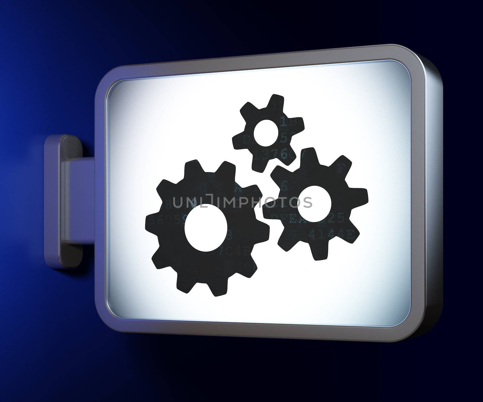 Web design concept: Gears on advertising billboard background, 3d render