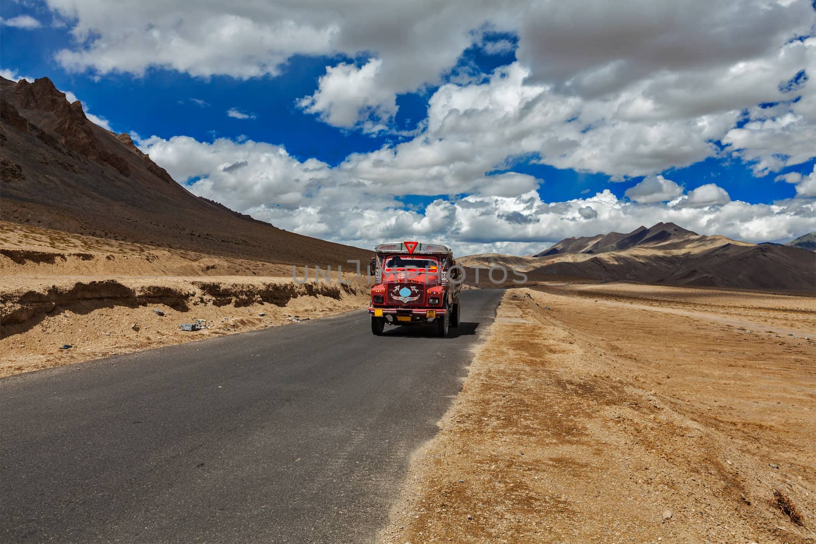 Manali-Leh road in Indian Himalayas with lorry. More plains, Ladakh, India