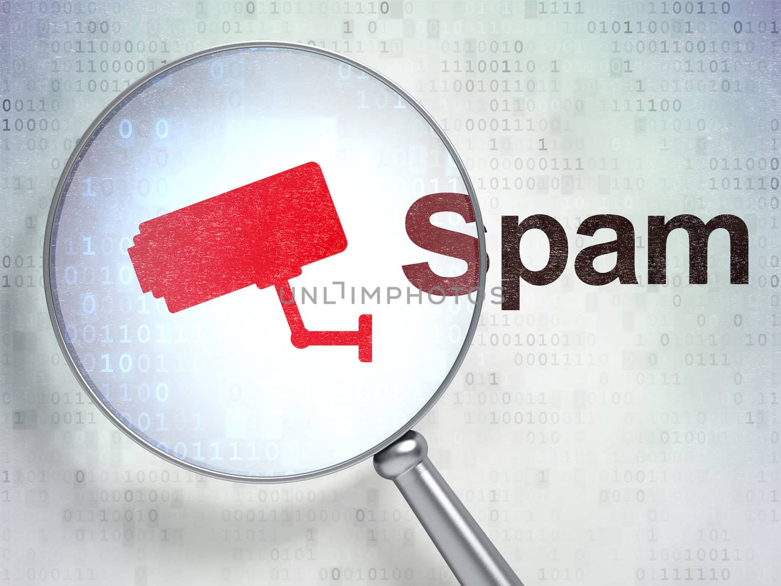 Protection concept: magnifying optical glass with Cctv Camera icon and Spam word on digital background, 3d render