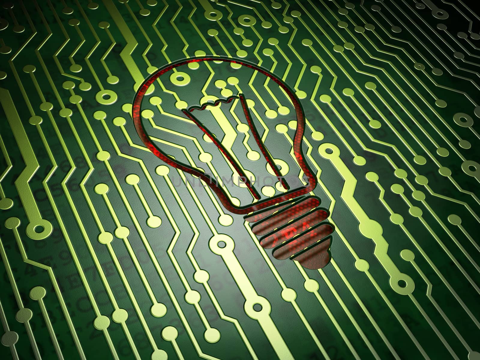 Business concept: circuit board with Light Bulb icon, 3d render