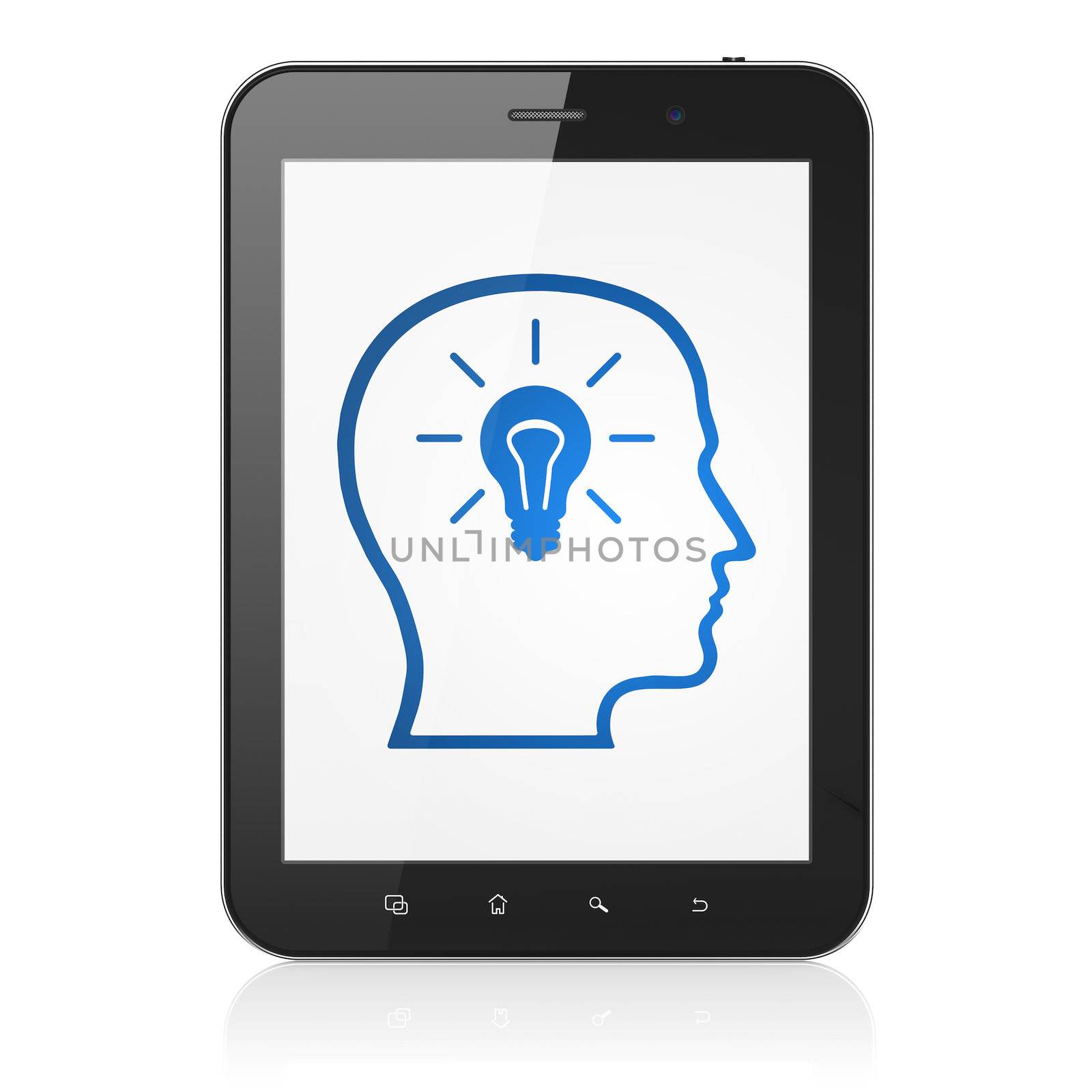 Data concept: black tablet pc computer with Head With Lightbulb icon on display. Modern portable touch pad on White background, 3d render