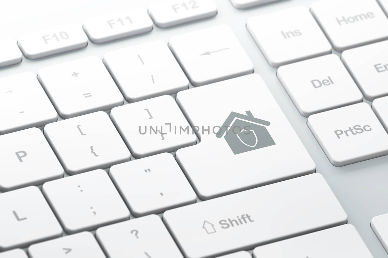 Security concept: enter button with Home on computer keyboard background, 3d render, selected focus