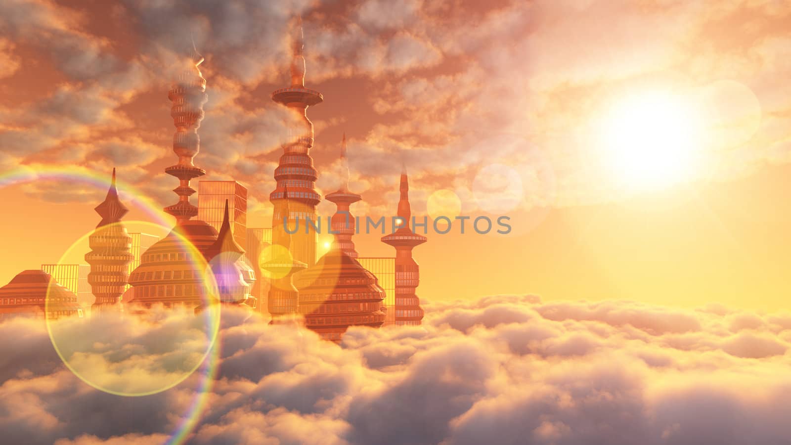 aerial view of Sky Fi City with clouds and sun