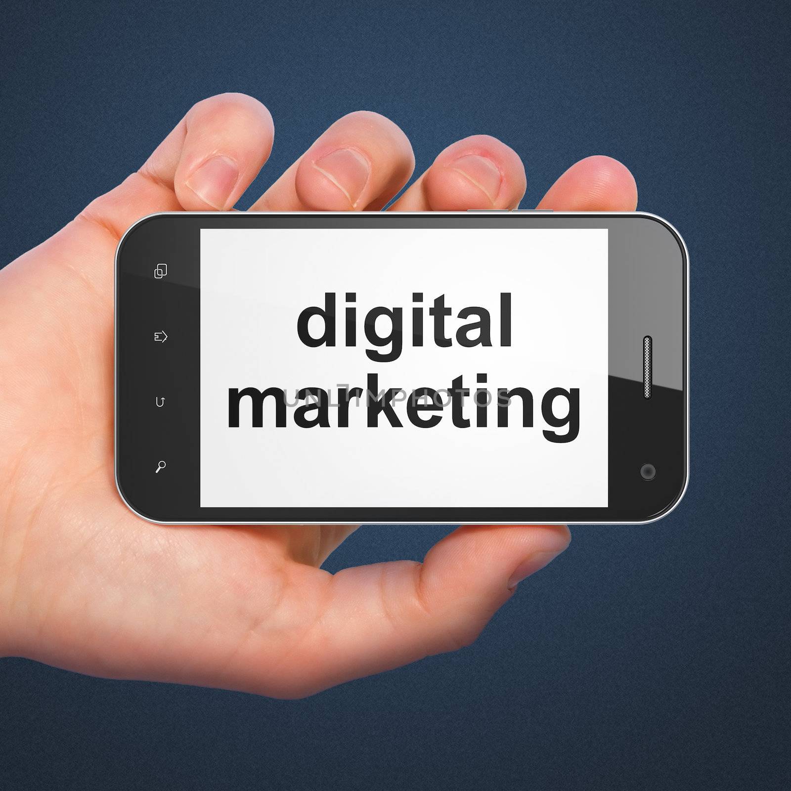 Marketing concept: hand holding smartphone with word Digital Marketing on display. Mobile smart phone in hand on Blue background, 3d render
