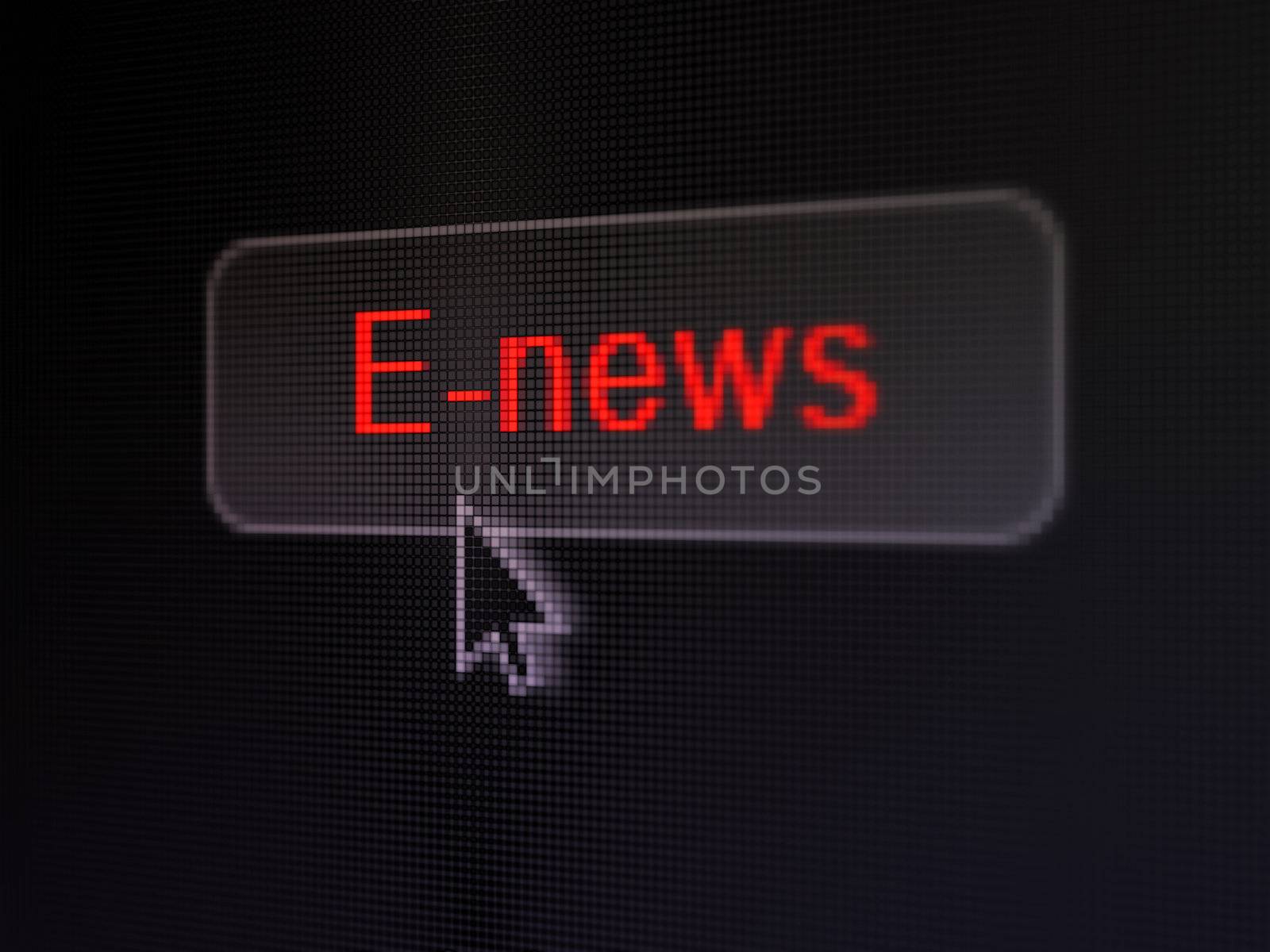 News concept: pixelated words E-news on button with Arrow cursor on digital computer screen background, selected focus 3d render