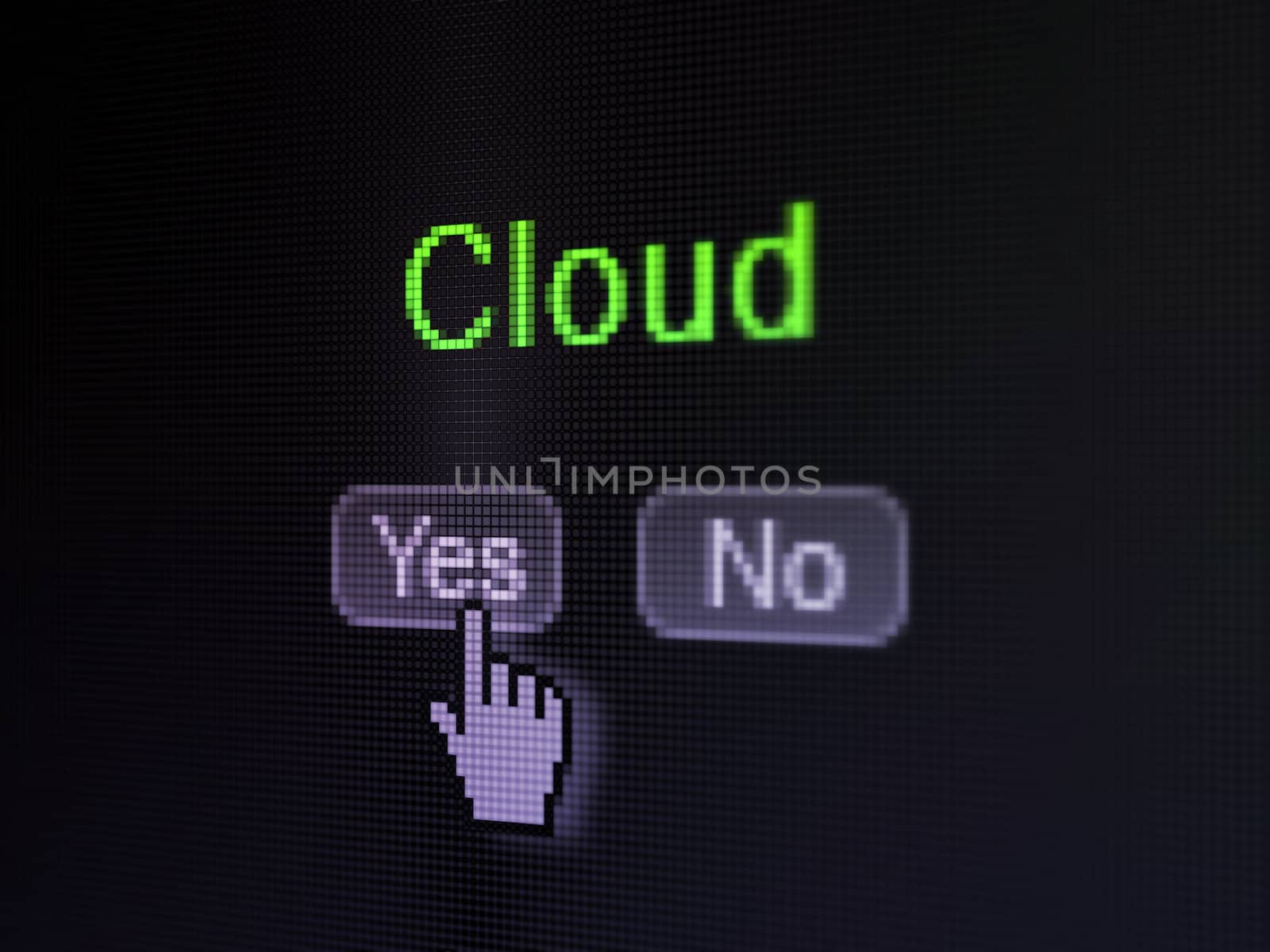 Cloud networking concept: buttons yes and no with pixelated word Cloud and Hand cursor on digital computer screen, selected focus 3d render