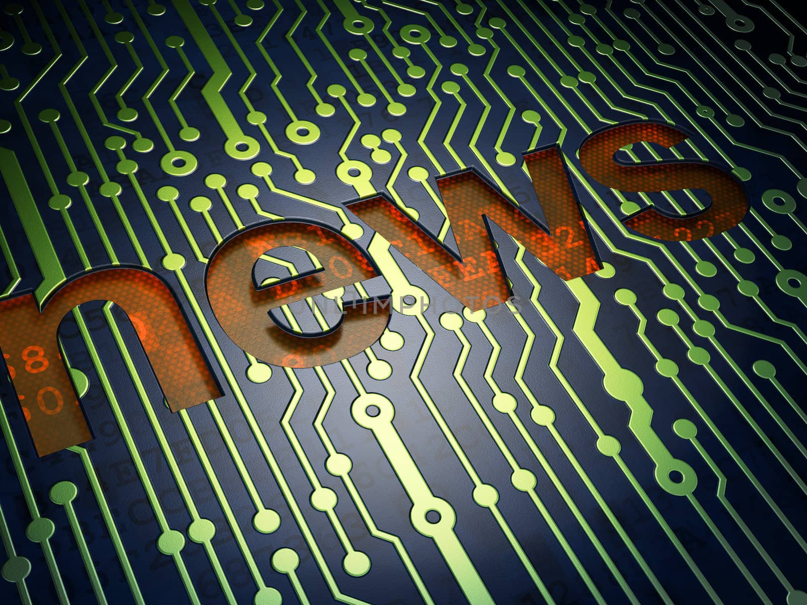 News concept: circuit board with word News, 3d render