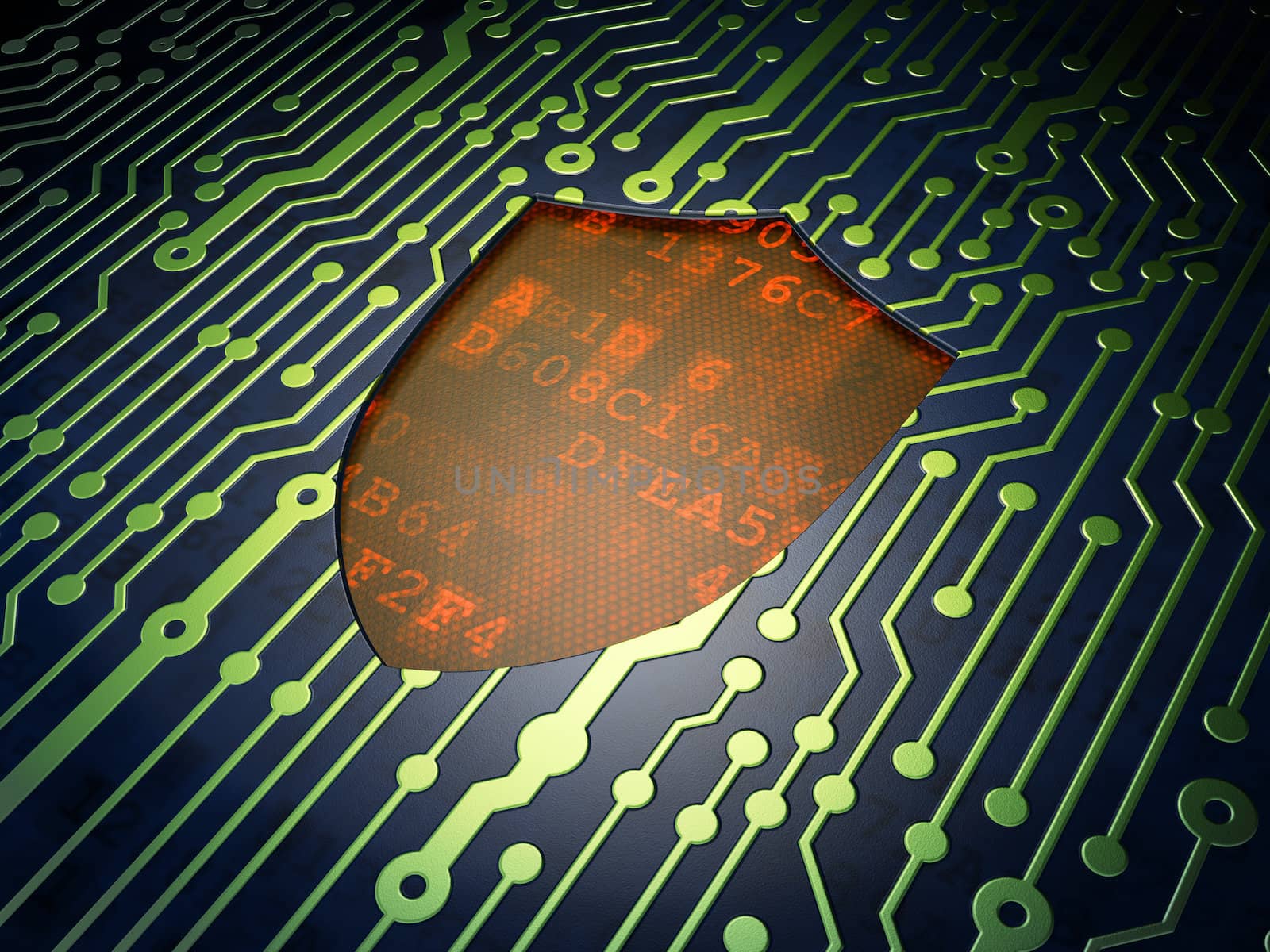 Safety concept: circuit board with Shield icon, 3d render