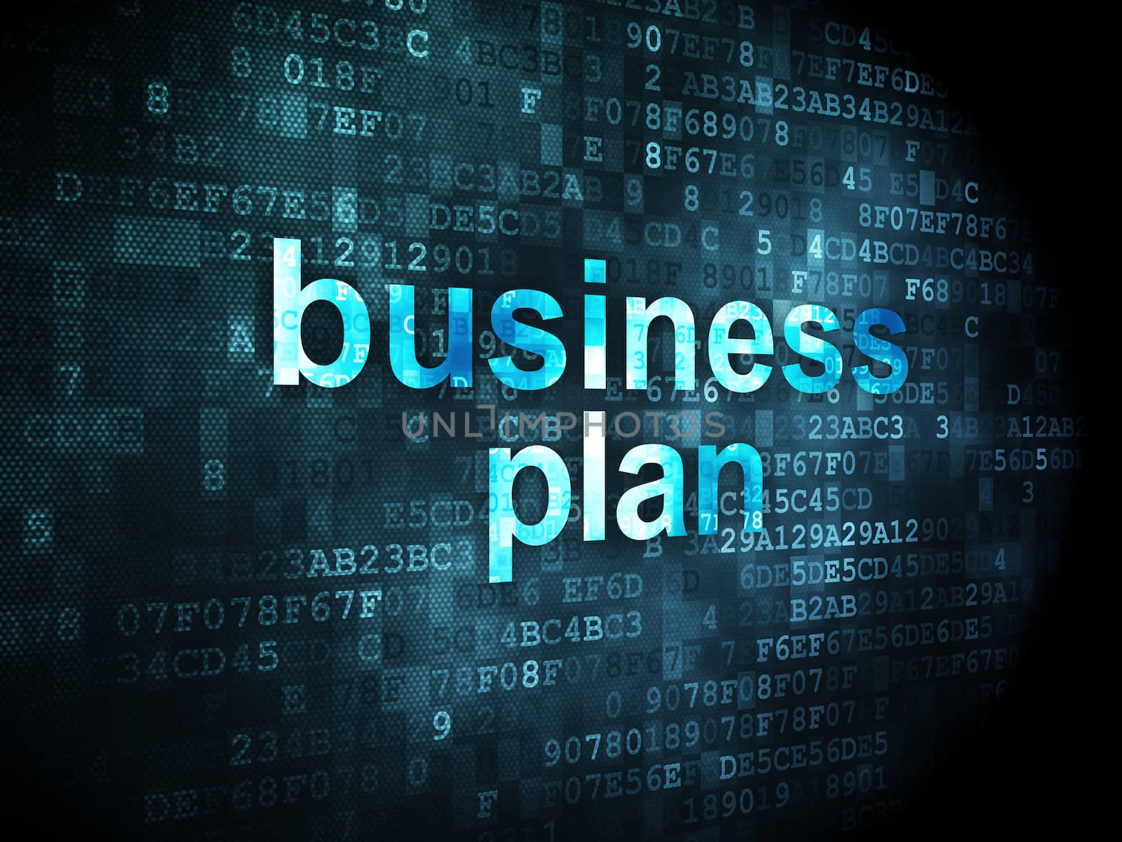 Finance concept: pixelated words Business Plan on digital background, 3d render