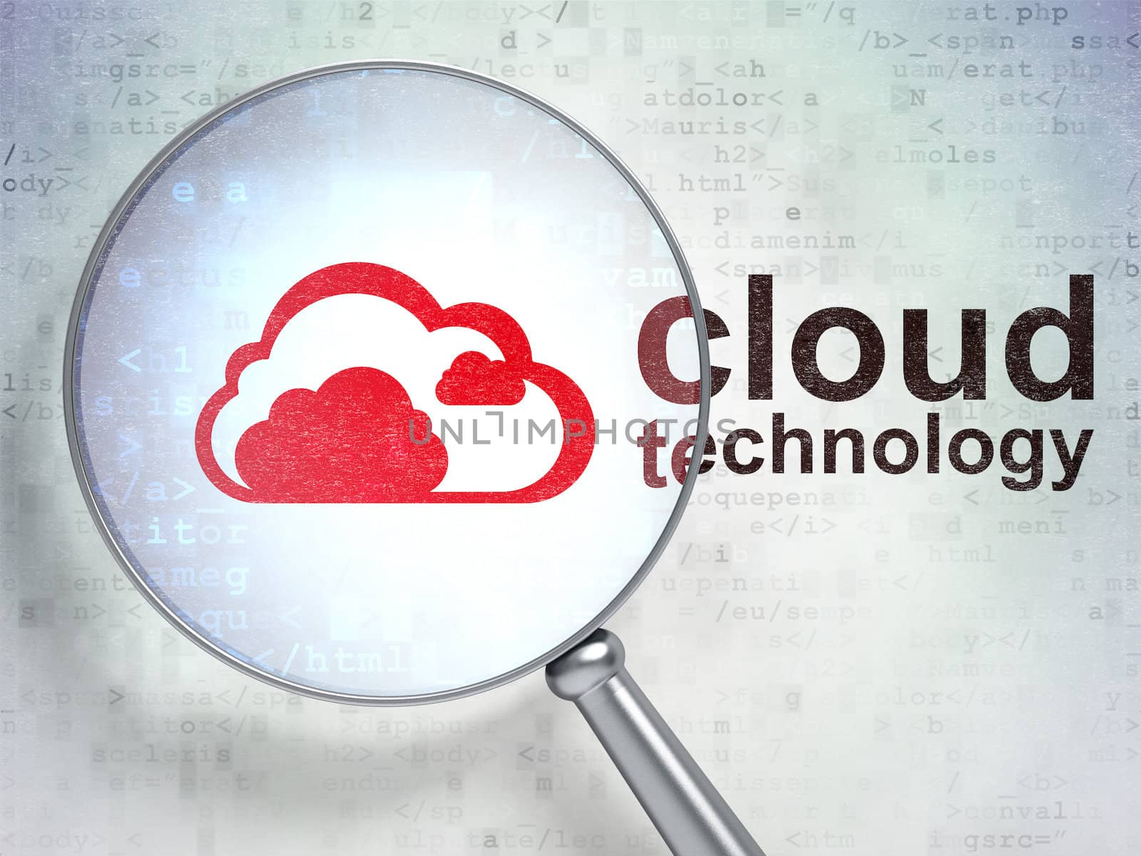 Cloud computing concept: magnifying optical glass with Cloud icon and Cloud Technology word on digital background, 3d render