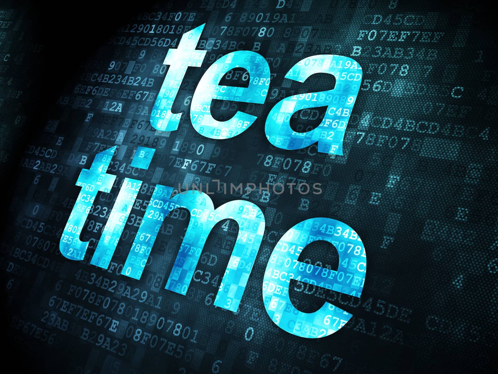 Timeline concept: pixelated words Tea Time on digital background, 3d render