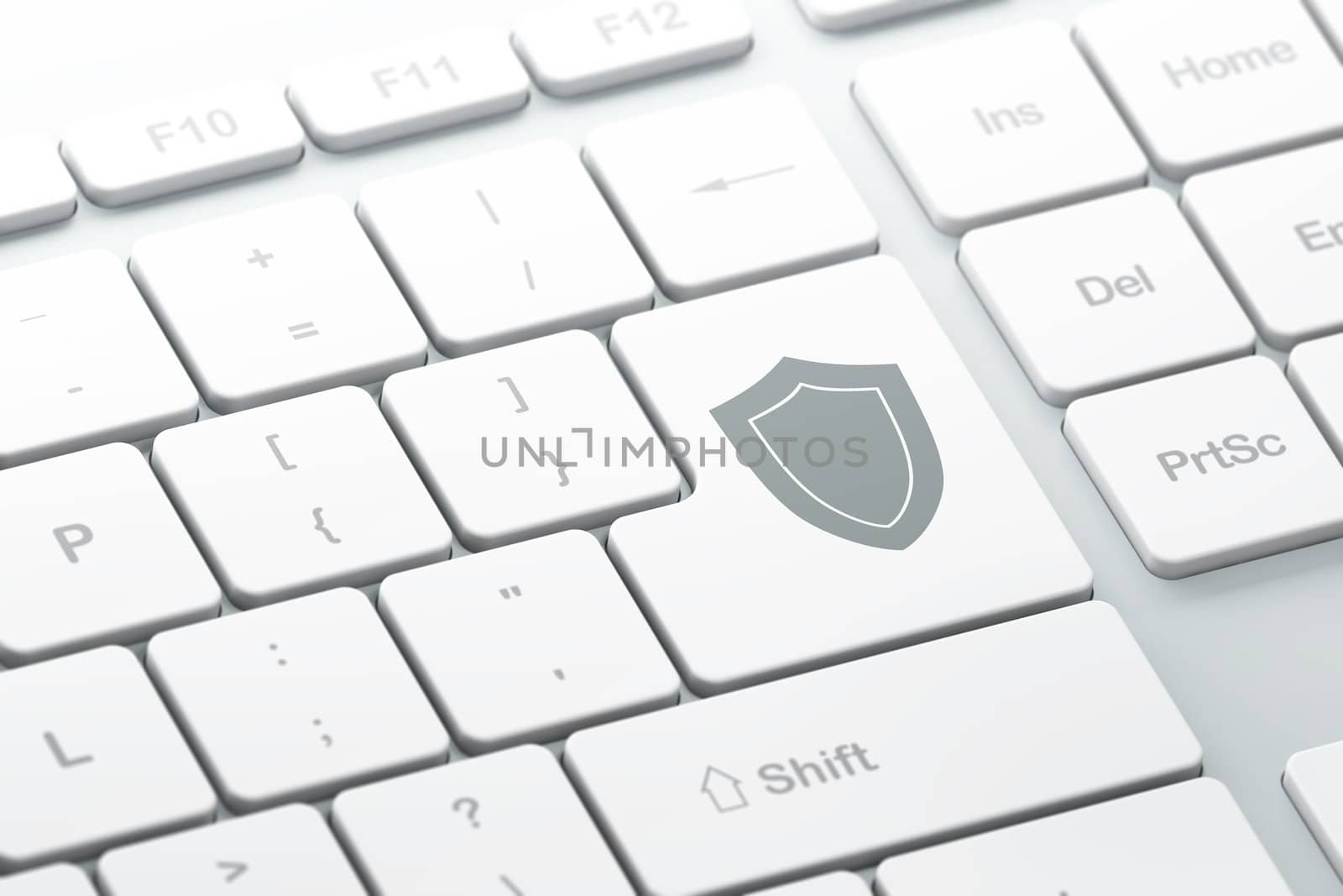 Protection concept: enter button with Shield on computer keyboard background, 3d render, selected focus