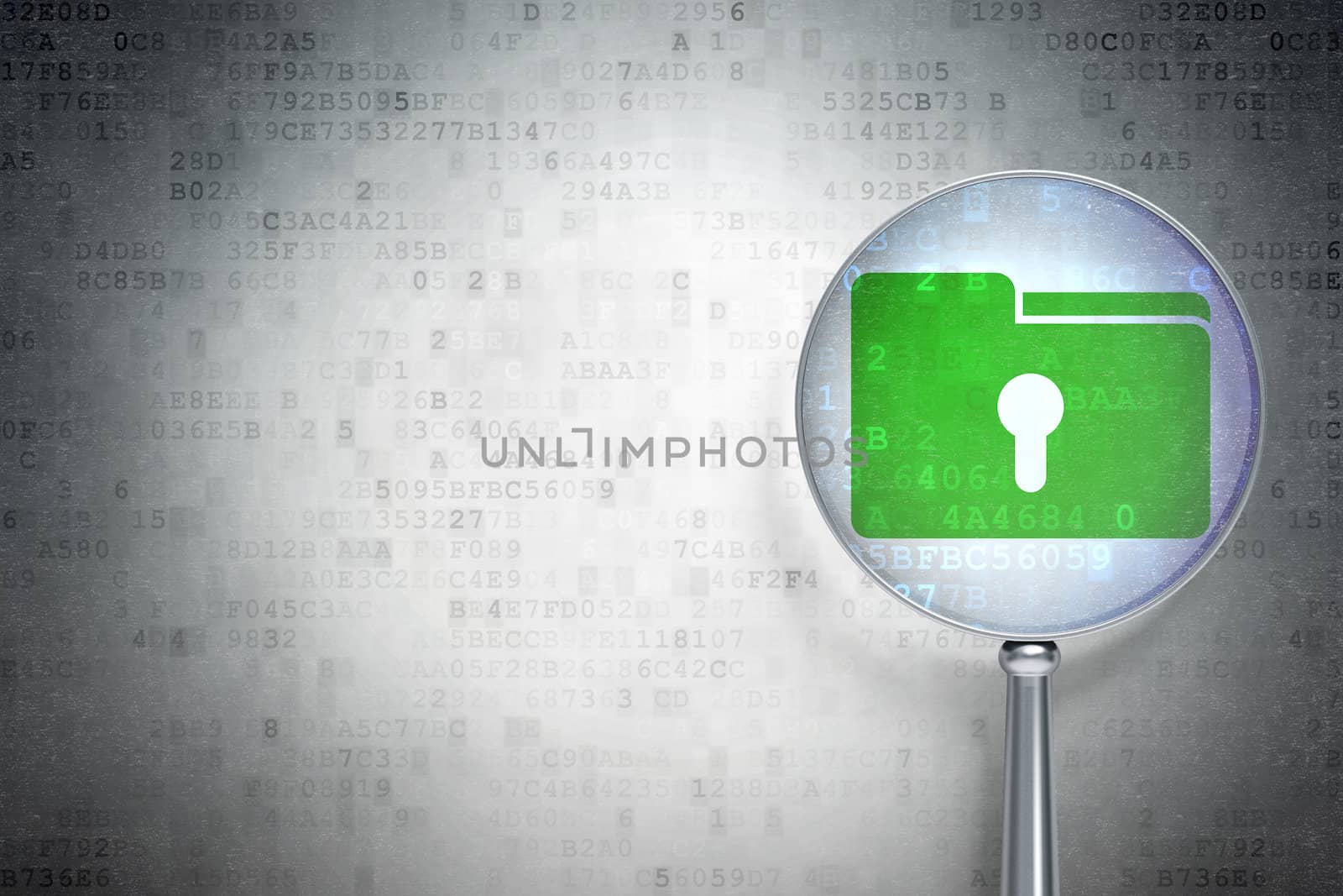 Finance concept: magnifying optical glass with Folder With Keyhole icon on digital background, empty copyspace for card, text, advertising, 3d render