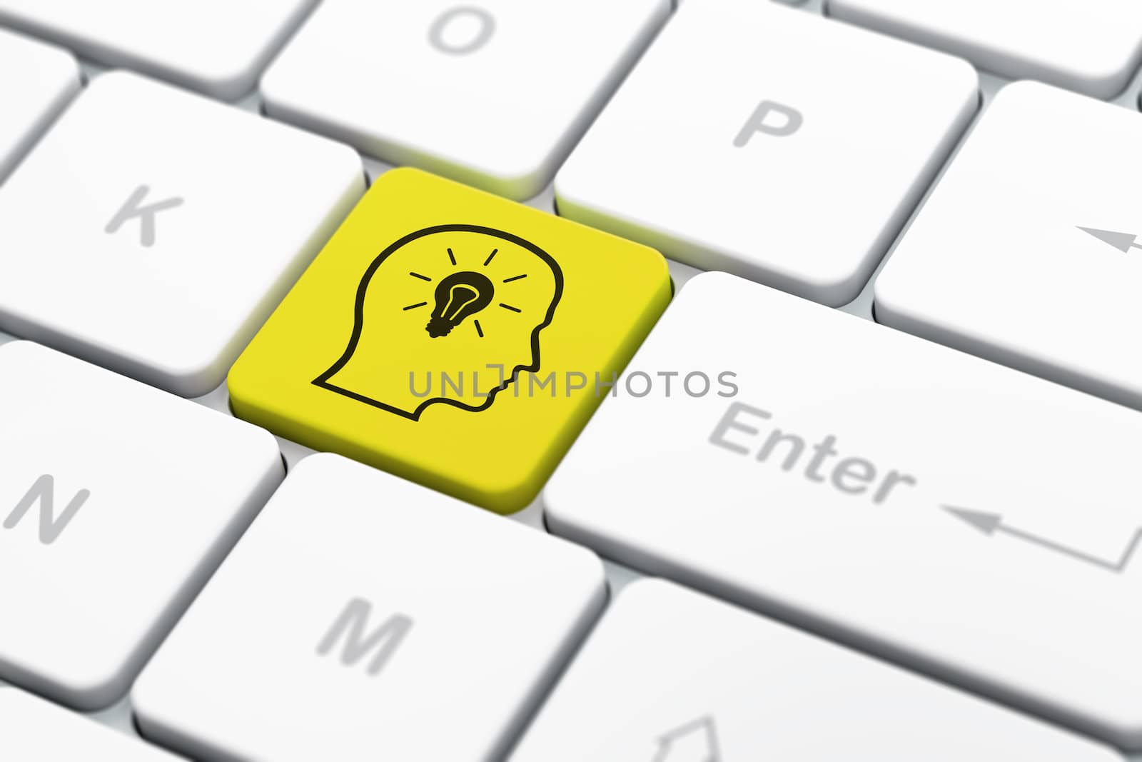 Data concept: computer keyboard with Head With Lightbulb icon on enter button background, selected focus, 3d render